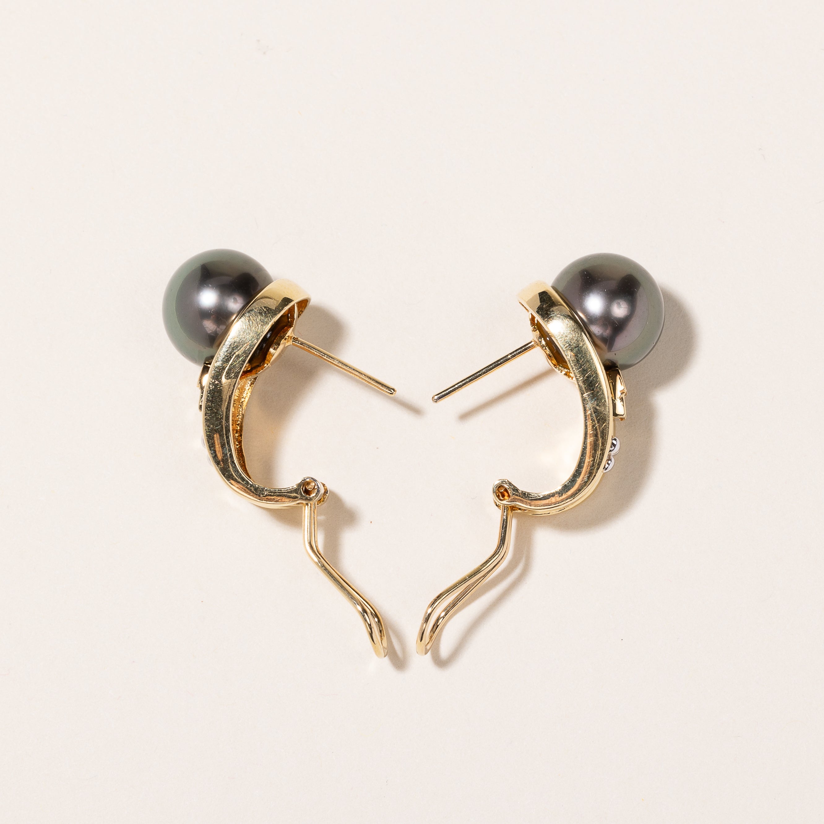18K Yellow Gold Black South Sea Pearl & Diamond Earrings | 10.50-10.80mm, 0.23ctw