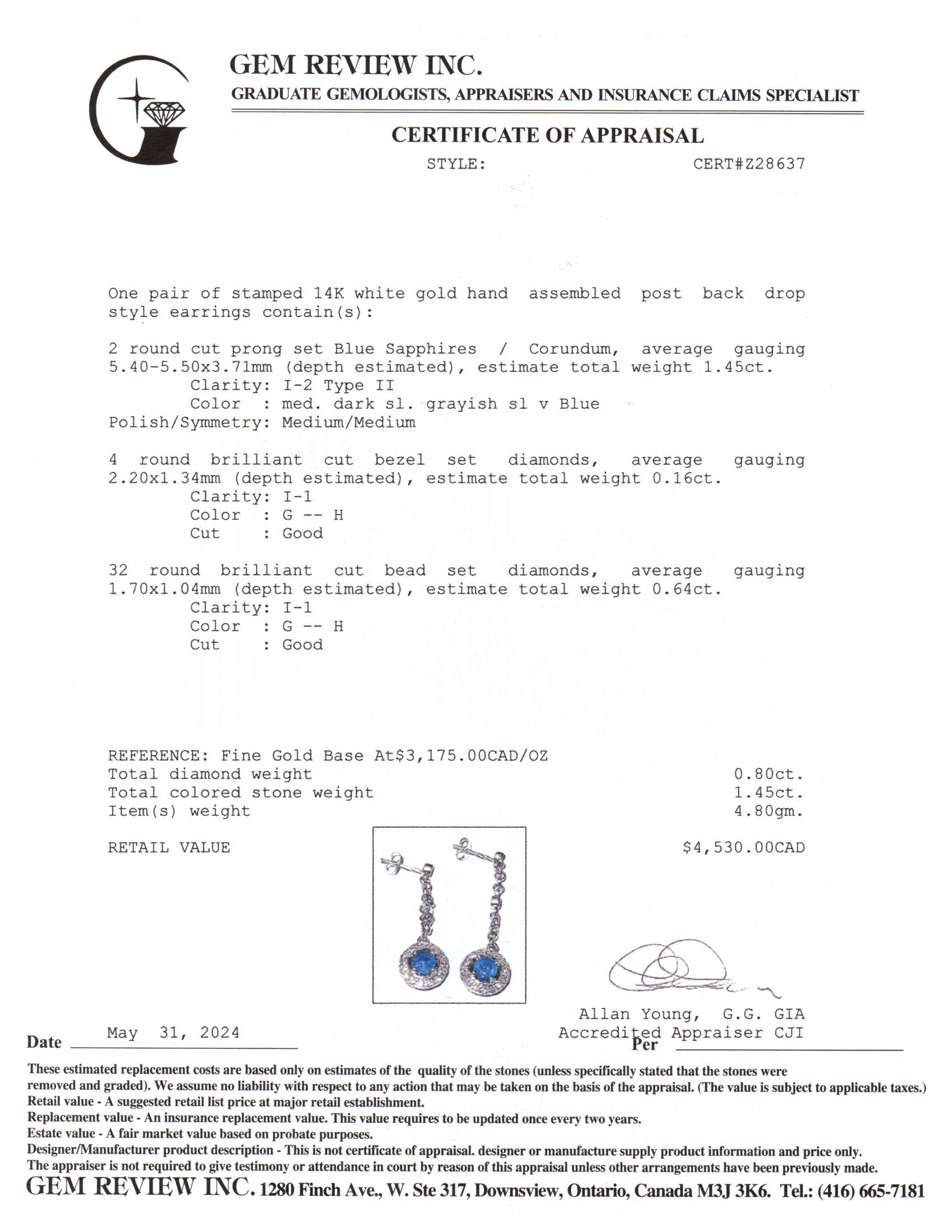 14k White Gold Sapphire & Diamond Drop Earrings | 0.80ctw, 1.45ctw |