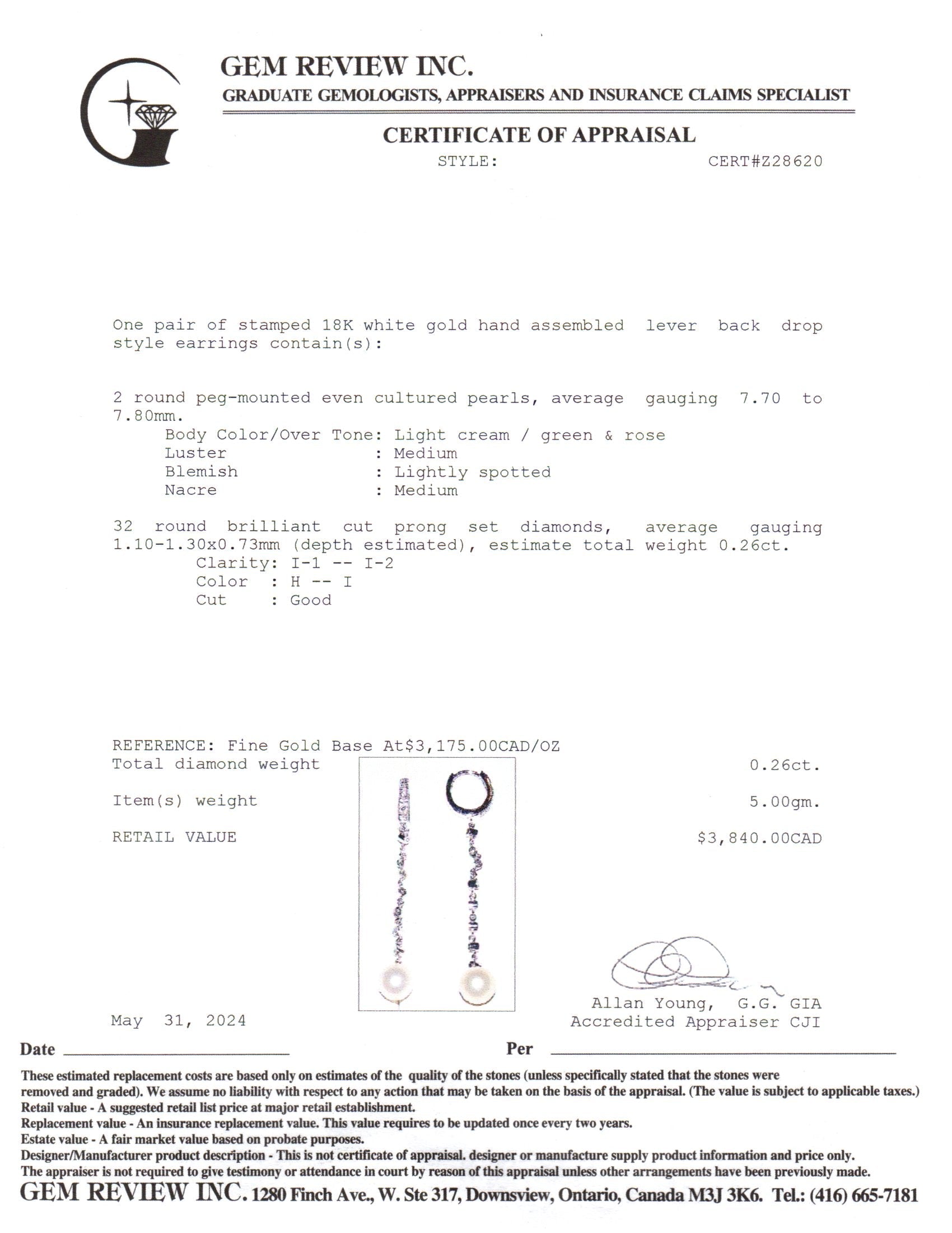 Boucles d'oreilles pendantes en or blanc 18 carats, perles et diamants | 7,70-7,80 mm, 0,26 ct au total