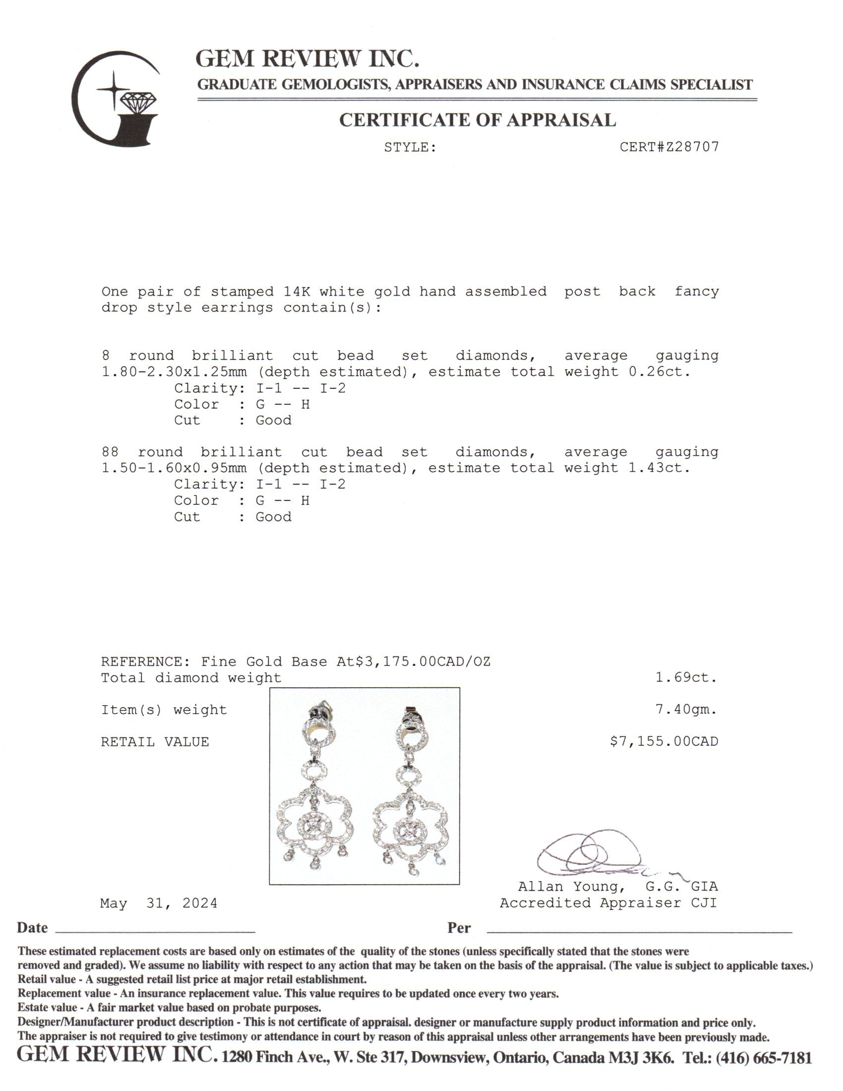 14k White Gold Drop Diamond Earrings | 1.69ctw