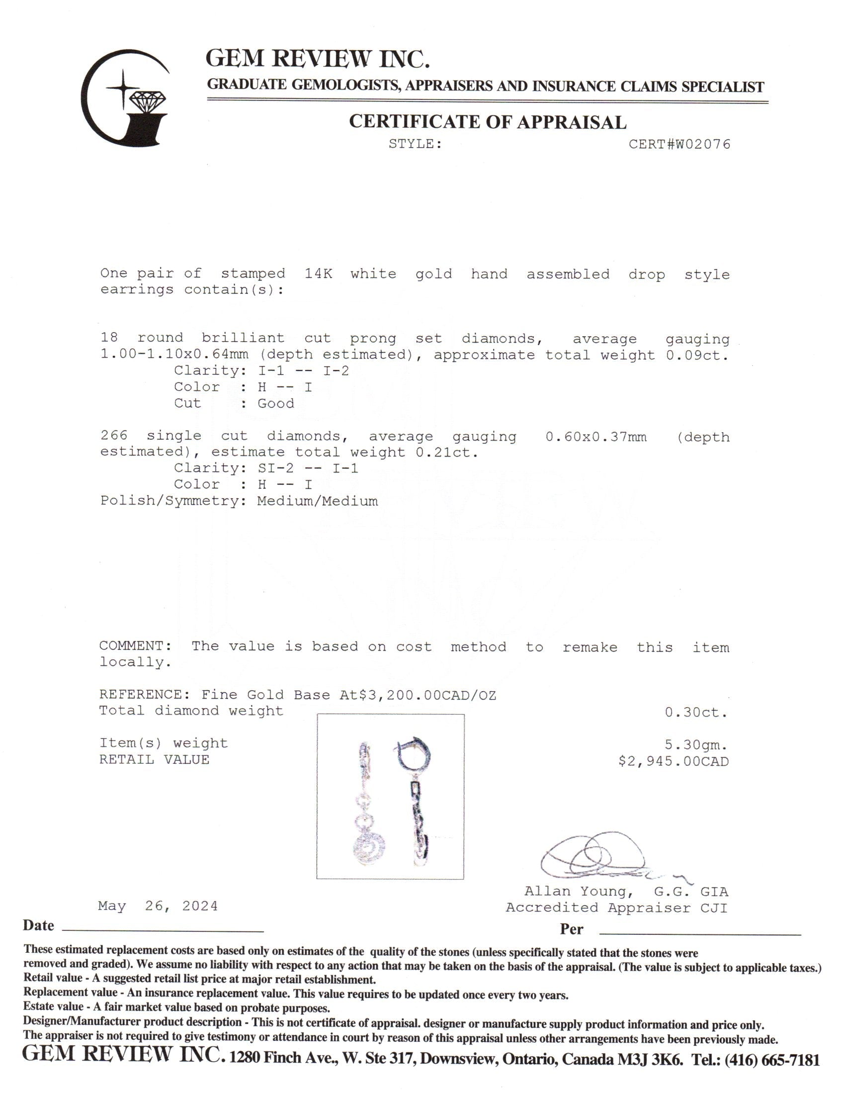 14k White Gold Drop Style Diamond Earring | 0.30ctw
