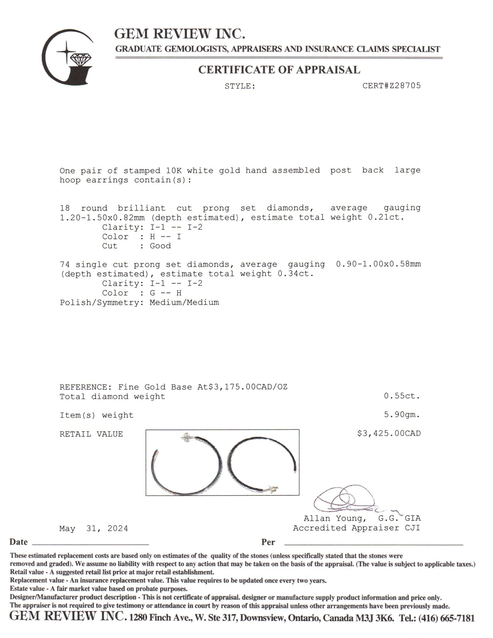 10k White Diamond Hoop Earrings | 0.55ctw