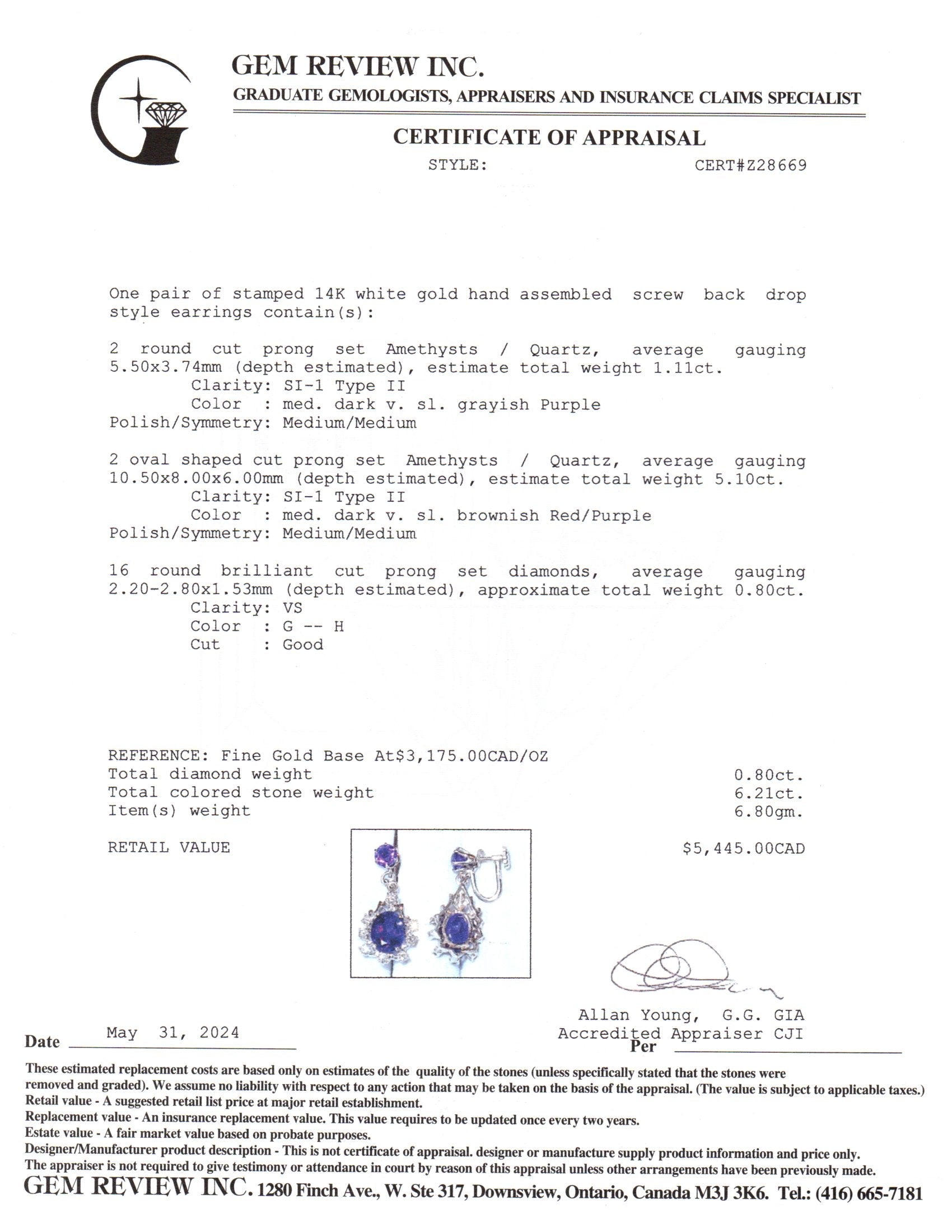 14k White Gold Amethyst & Diamond Earrings | 6.21ctw, 0.80ctw |