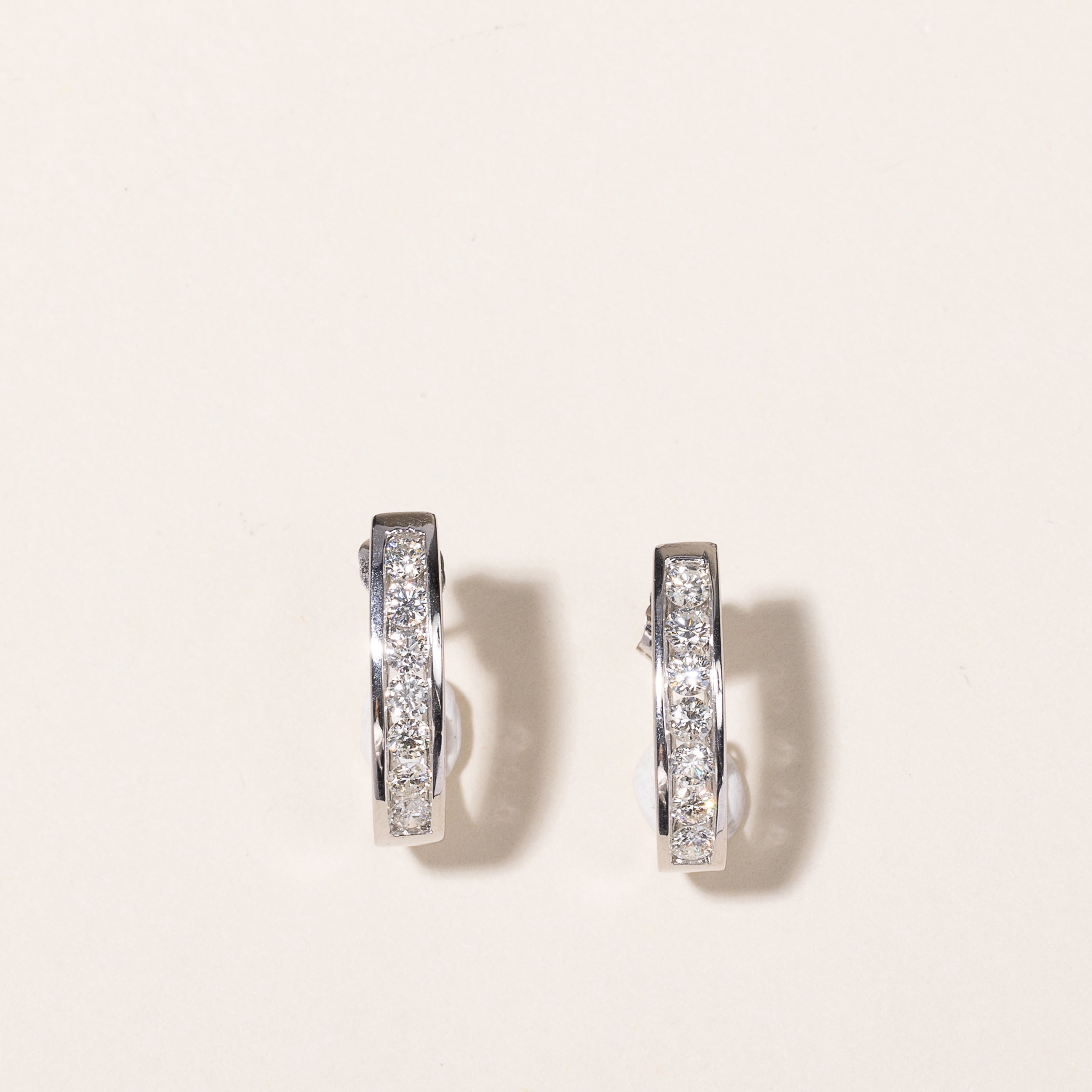 14k White Gold Diamond Huggie Earrings | 1.05ctw