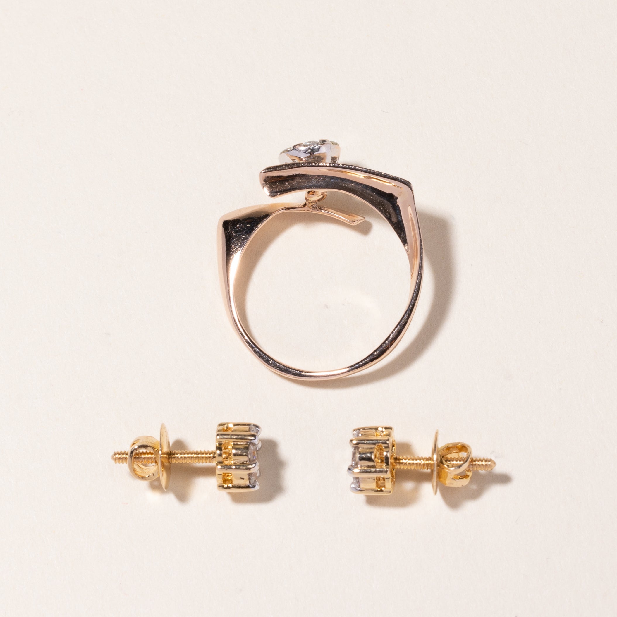 14k Rose and White Gold Diamond Ring & Earring Set | 0.17ctw, 0.68ctw | SZ 6