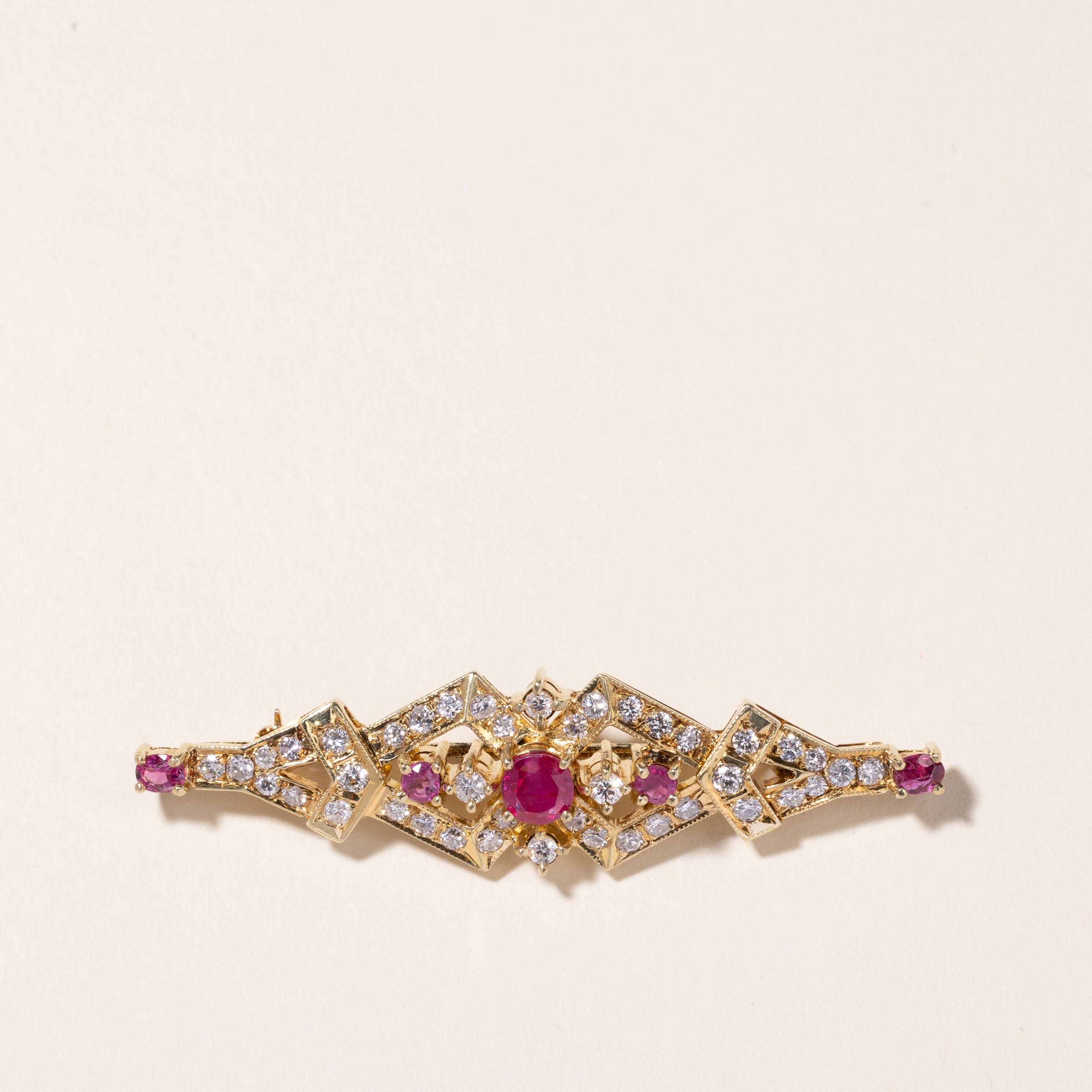 14k Yellow Gold Ruby & Diamond Brooch | 1.22ctw, 1.00ctw |
