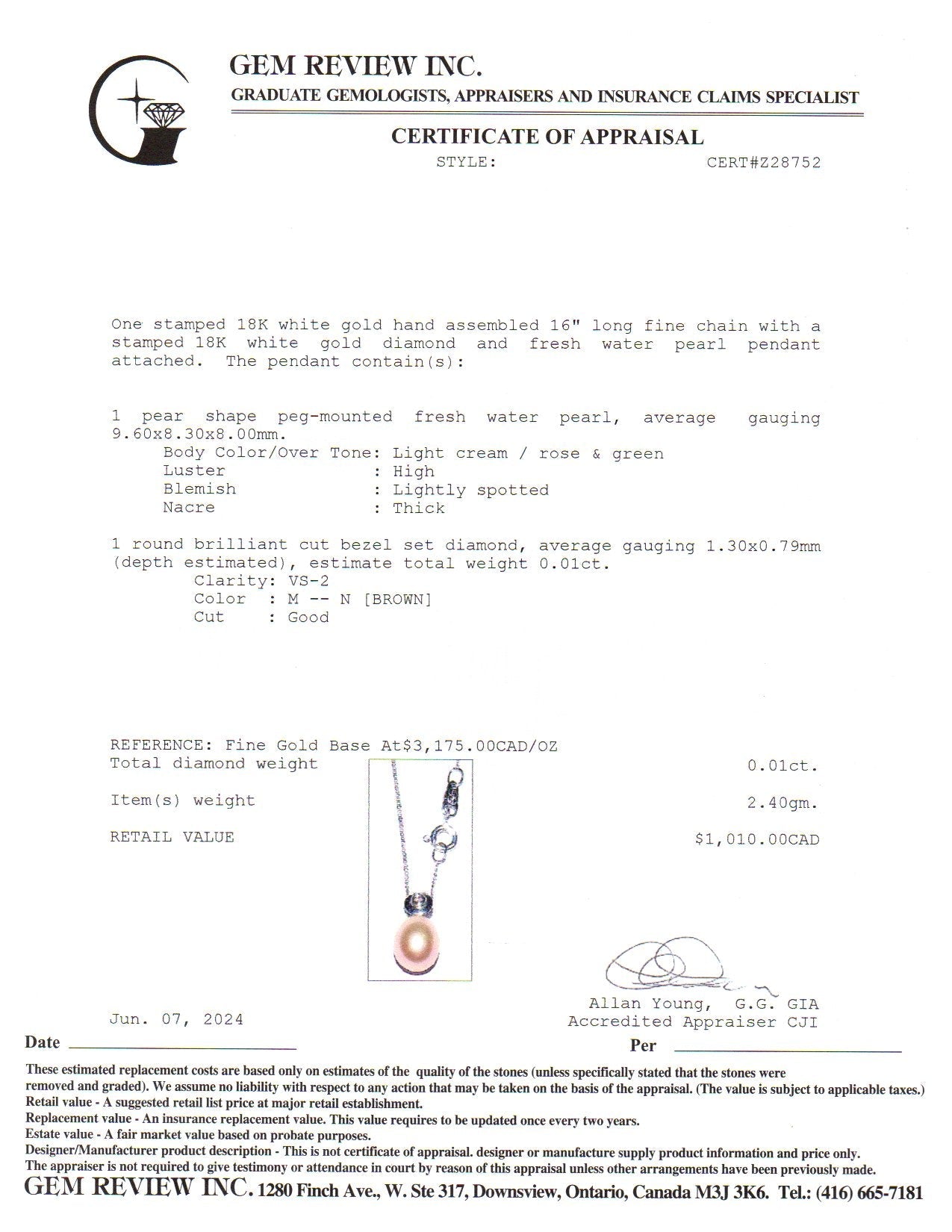 Collier en or blanc 18 carats, perle rose et diamants | 9,60 x 8,30 x 8,00 mm, 0,01 ct | 40,6 cm