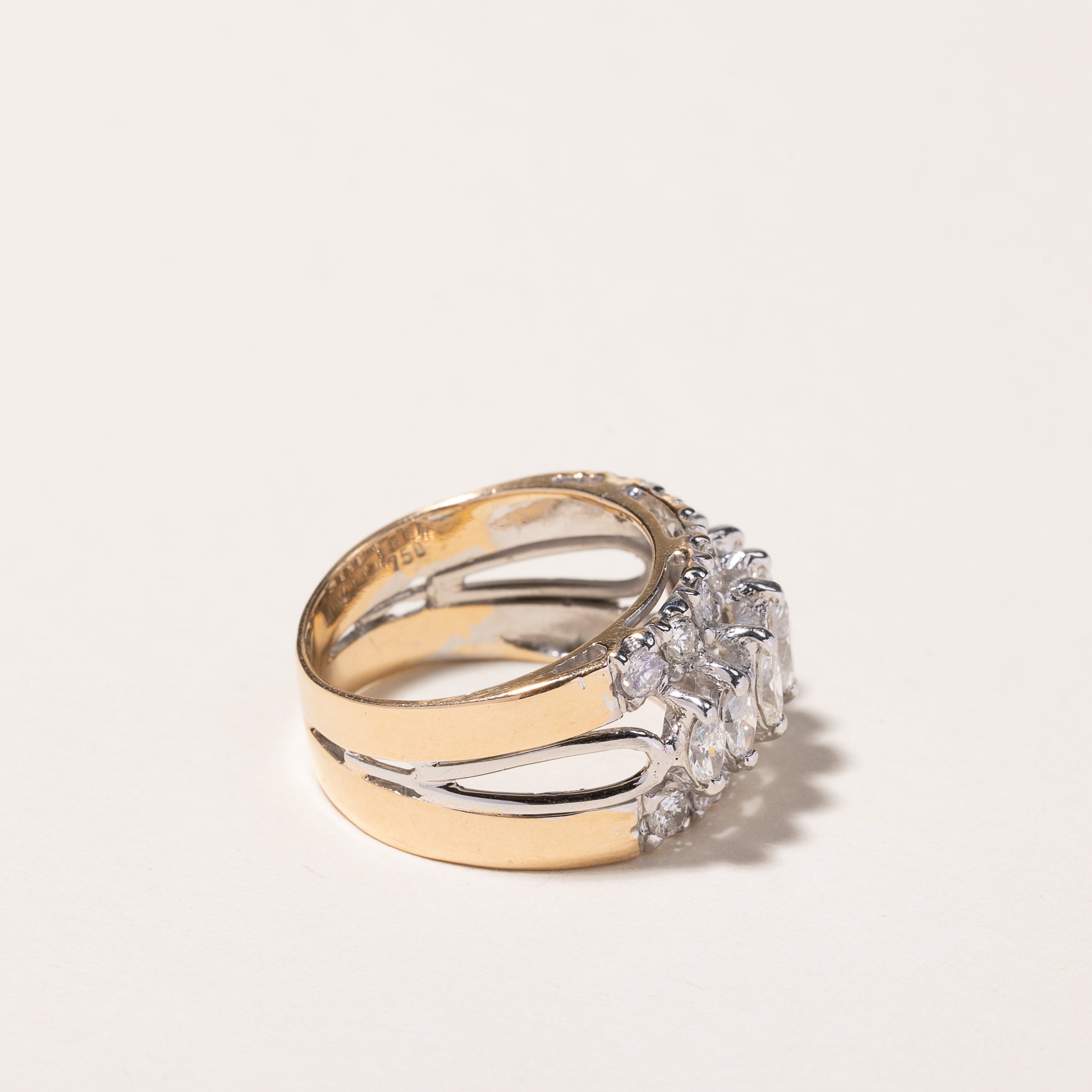 Bague en or jaune 18 carats sertie de trois rangées de diamants | 1,27 ct au total | Taille 5,25