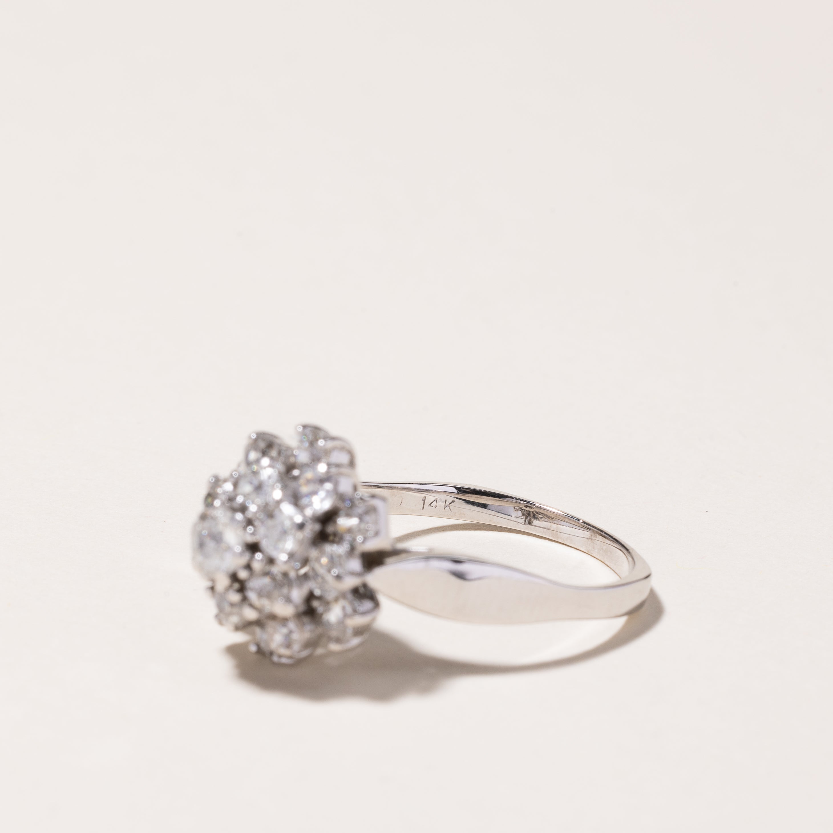 14k White Gold Old European Cut Cluster Diamond Ring | 1.54ctw | SZ 7.25