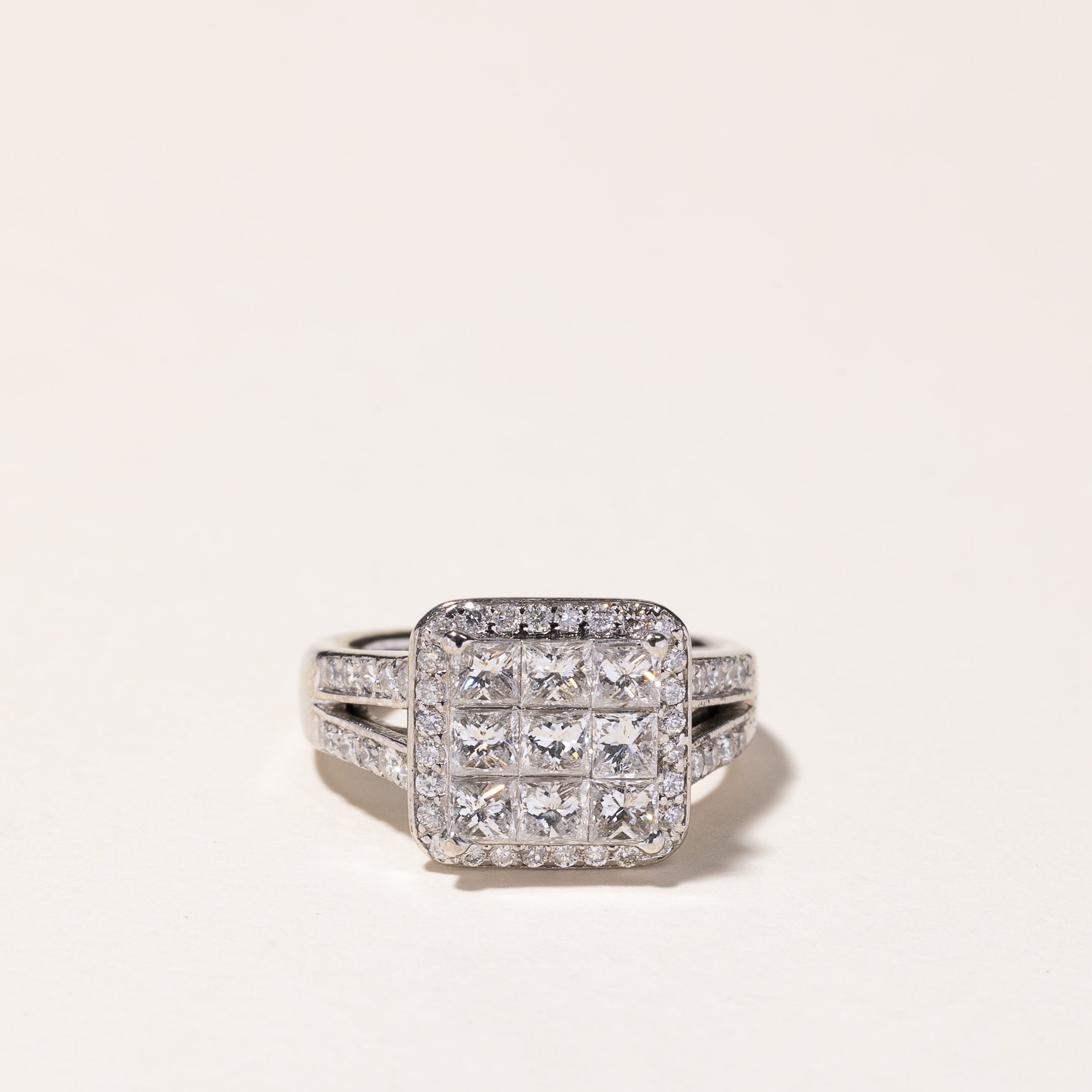 14k White Gold Princess Cut Cluster Diamond Engagement Ring | 1.83ctw | SZ 4.75