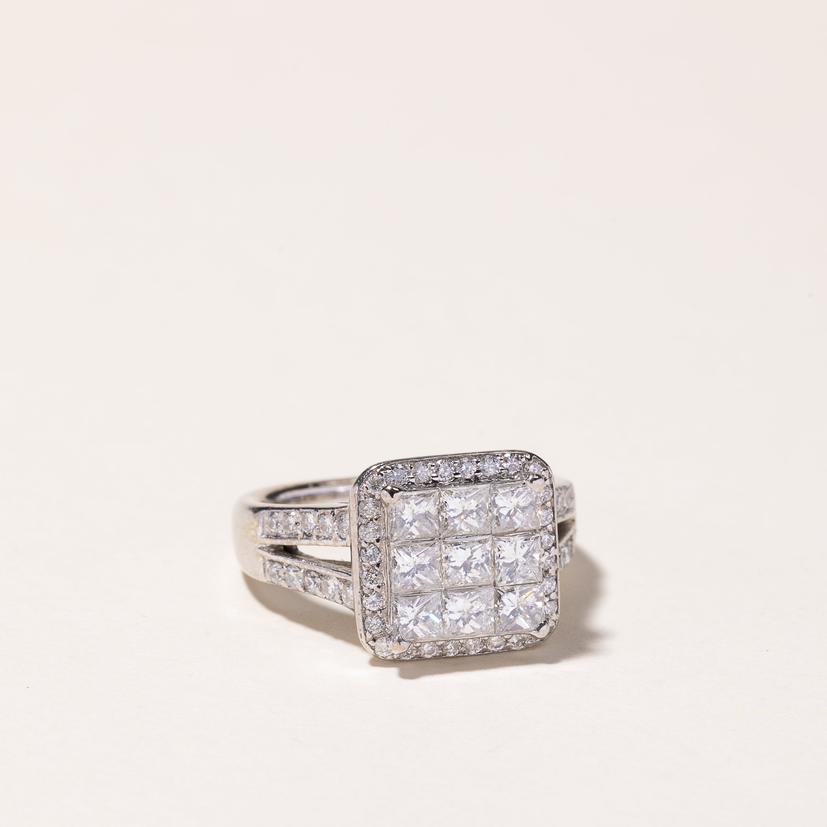 14k White Gold Princess Cut Cluster Diamond Engagement Ring | 1.83ctw | SZ 4.75