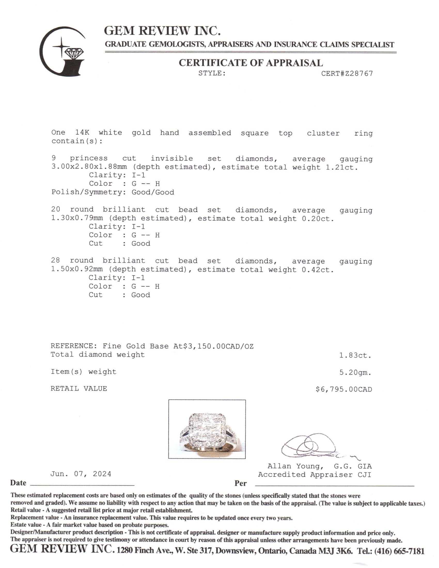 14k White Gold Princess Cut Cluster Diamond Engagement Ring | 1.83ctw | SZ 4.75
