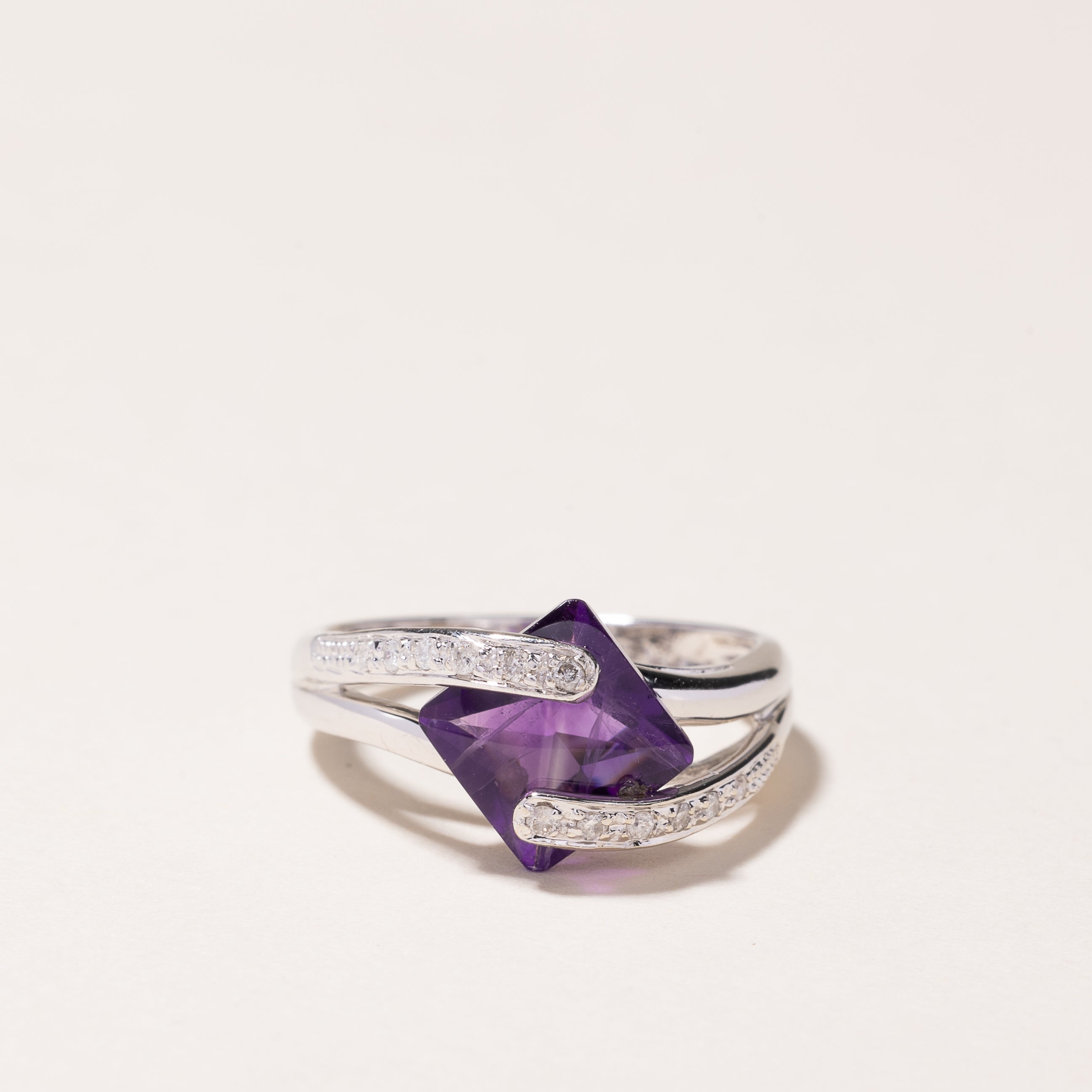 14k White Gold Amethyst & Diamond Earring & Ring Set | 6.00ctw, 0.29ctw | SZ 7