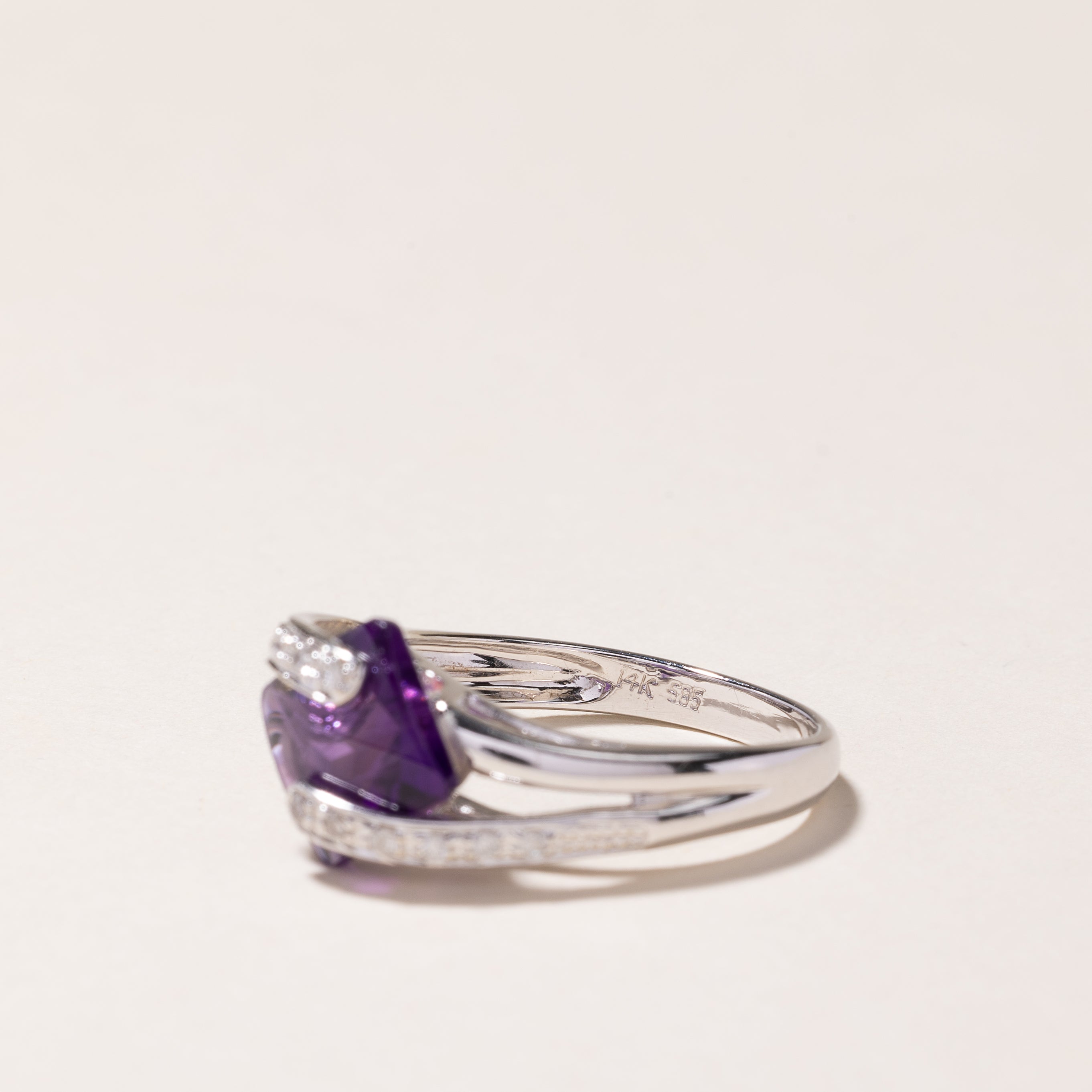 14k White Gold Amethyst & Diamond Earring & Ring Set | 6.00ctw, 0.29ctw | SZ 7