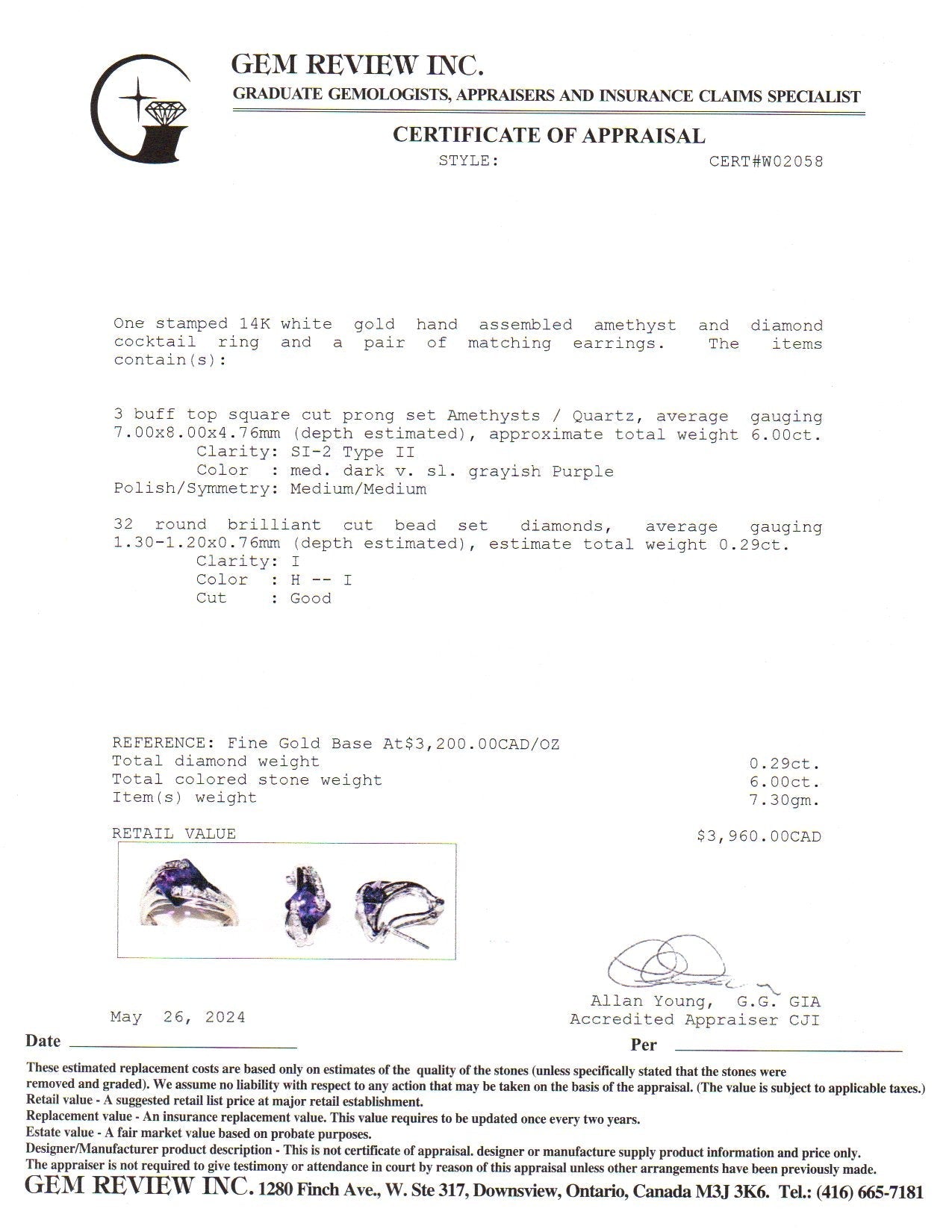 14k White Gold Amethyst & Diamond Earring & Ring Set | 6.00ctw, 0.29ctw | SZ 7