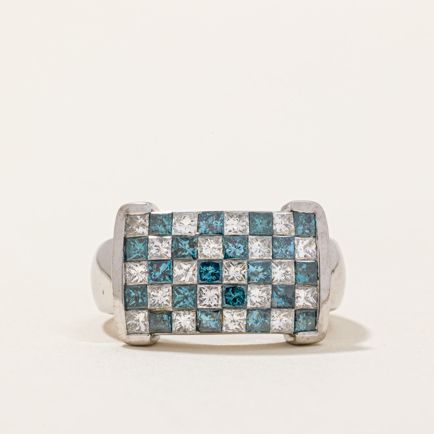 Gray Blue & White Diamond Checkerboard Ring | 0.93ctw, 0.91ctw | SZ 6.5 |