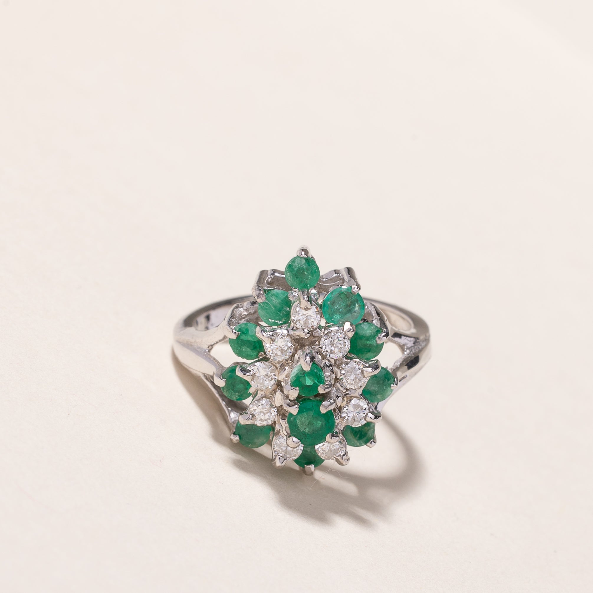 14k White Gold Emerald & Diamond Cluster Ring | 0.49ctw, 0.26ctw | SZ 5.75