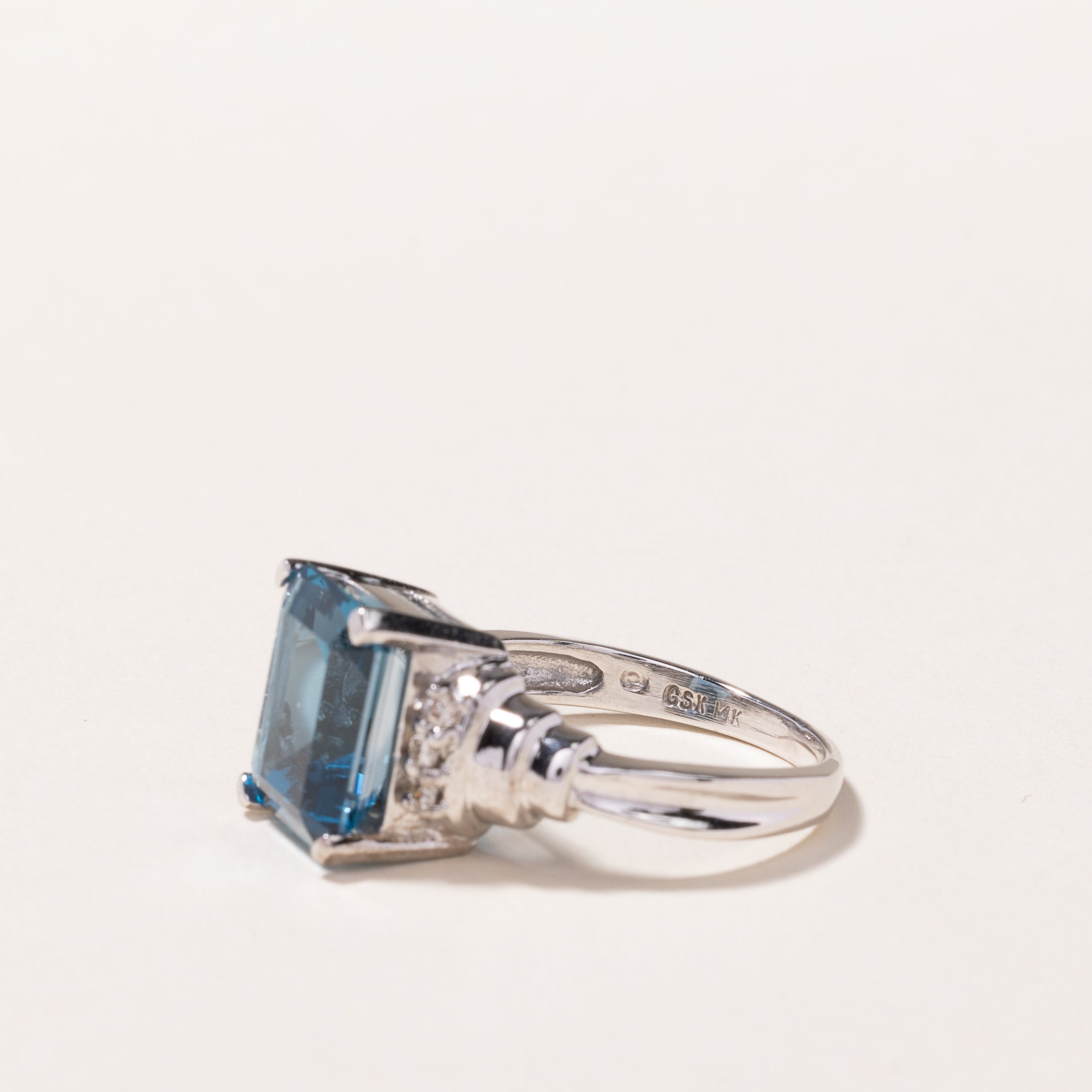 14k White Gold Blue Topaz & Diamond Ring | 5.85ct, 0.14ctw | SZ 8
