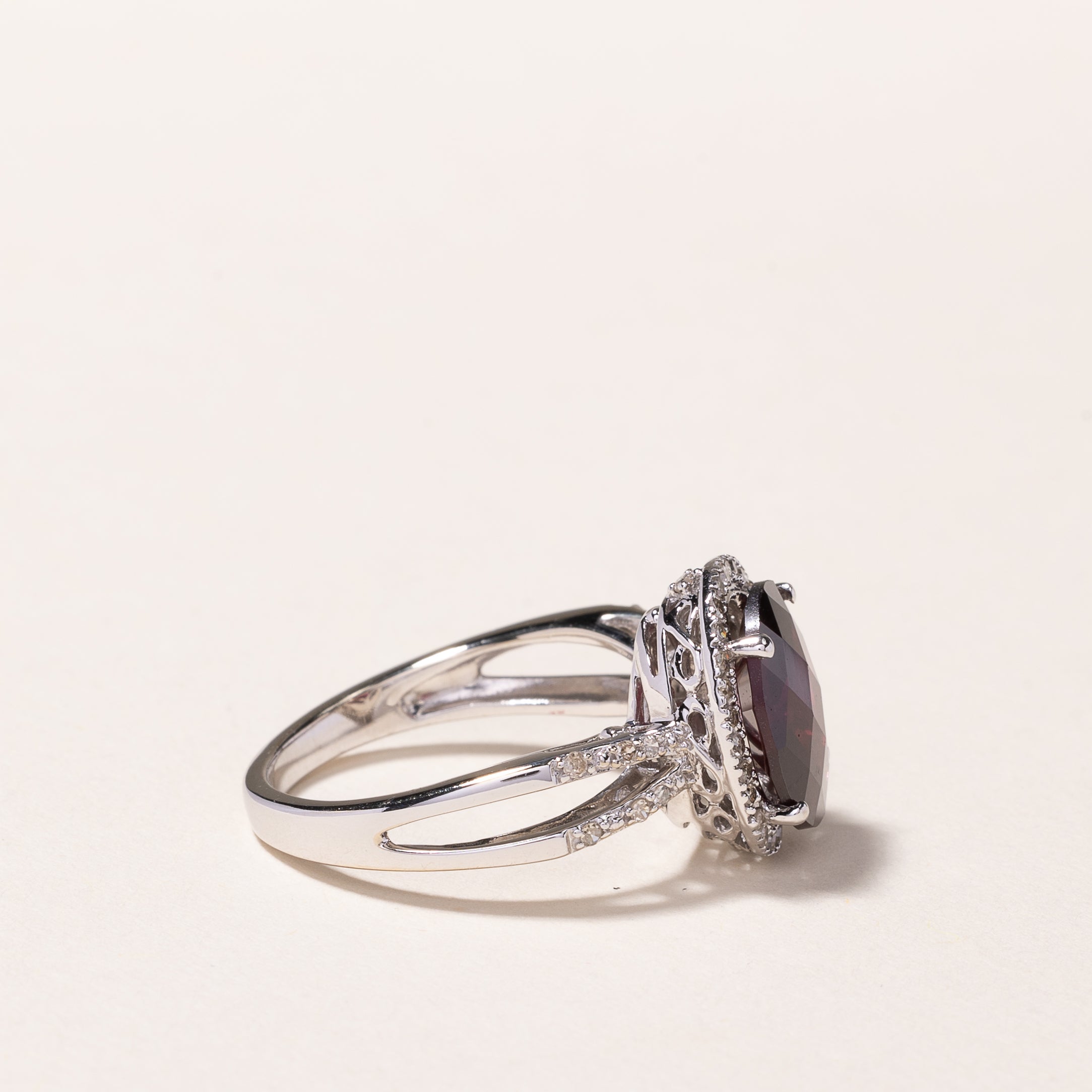 14k White Gold Garnet & Diamond Halo Ring | 3.32ct, 0.26ctw | SZ 7
