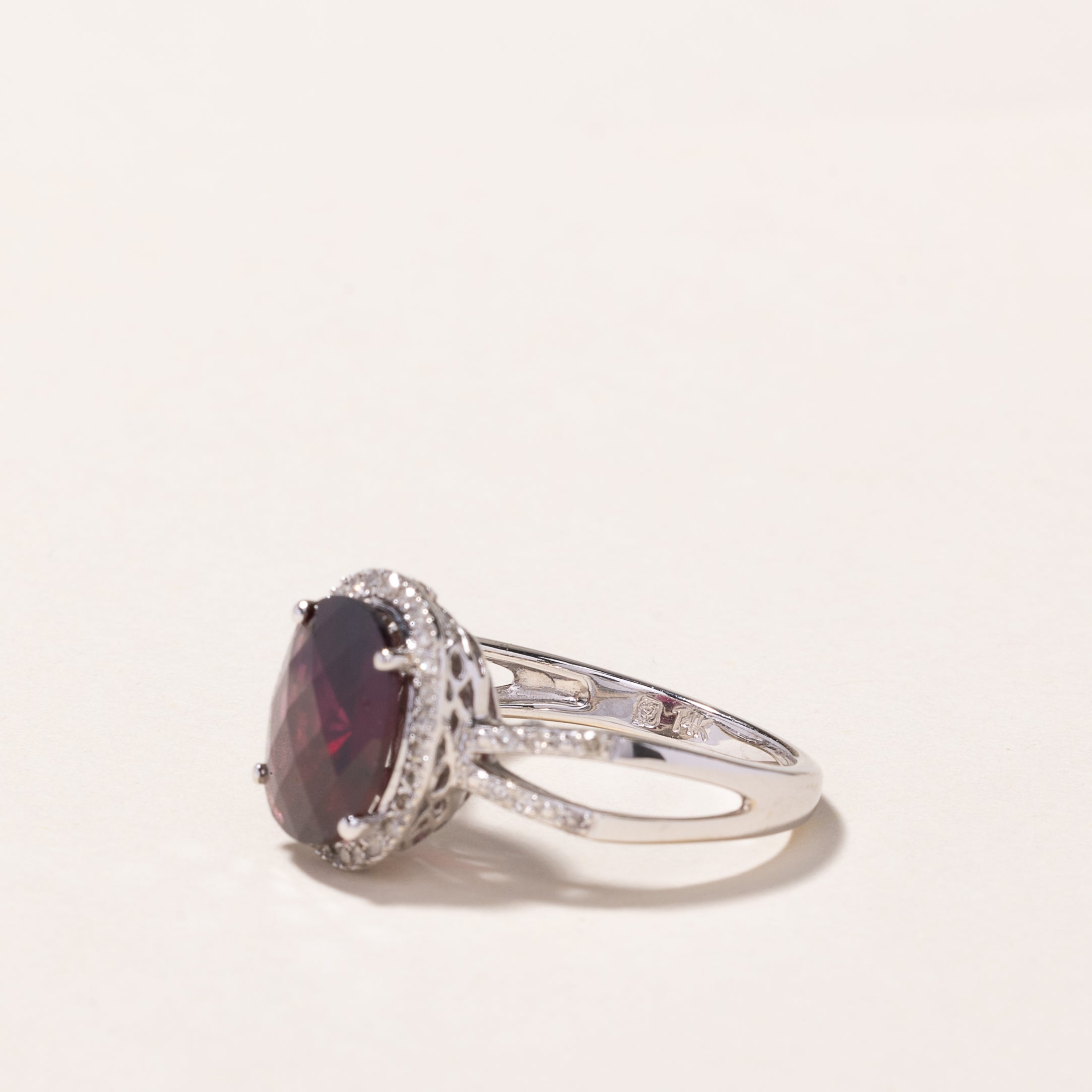 14k White Gold Garnet & Diamond Halo Ring | 3.32ct, 0.26ctw | SZ 7