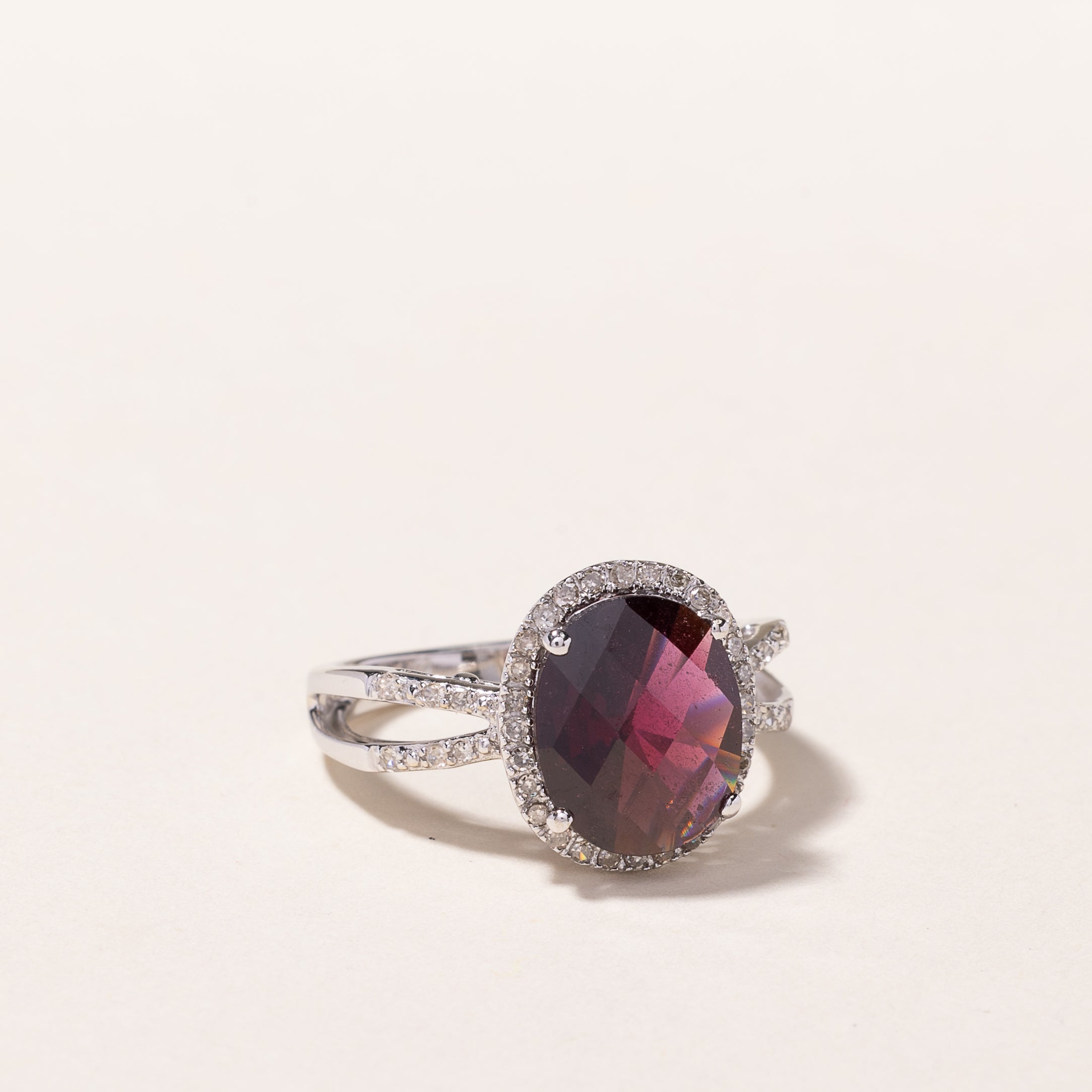 14k White Gold Garnet & Diamond Halo Ring | 3.32ct, 0.26ctw | SZ 7