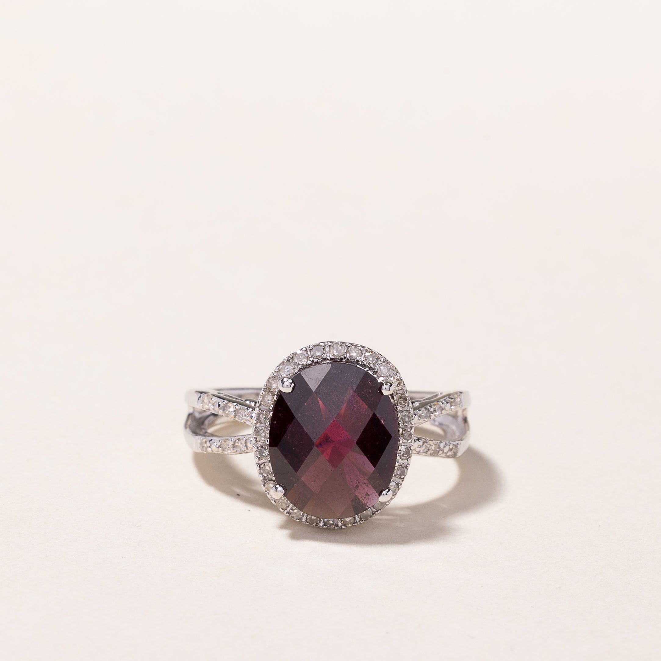 14k White Gold Garnet & Diamond Halo Ring | 3.32ct, 0.26ctw | SZ 7