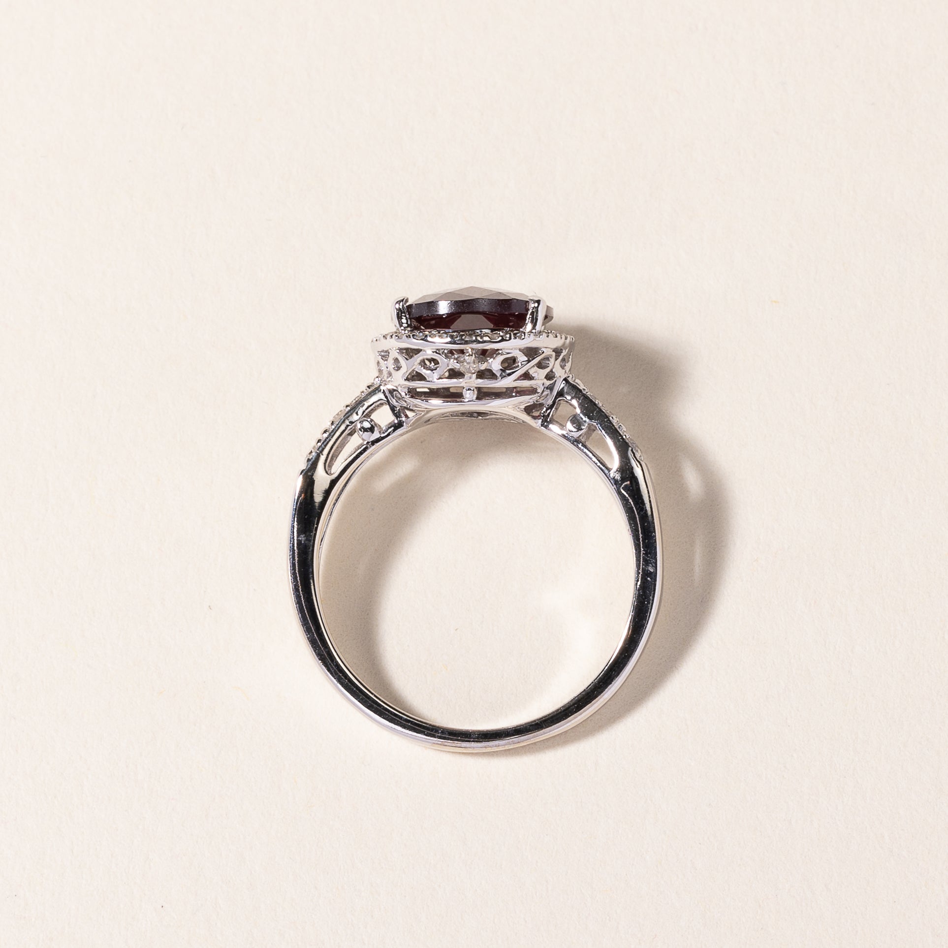 14k White Gold Garnet & Diamond Halo Ring | 3.32ct, 0.26ctw | SZ 7