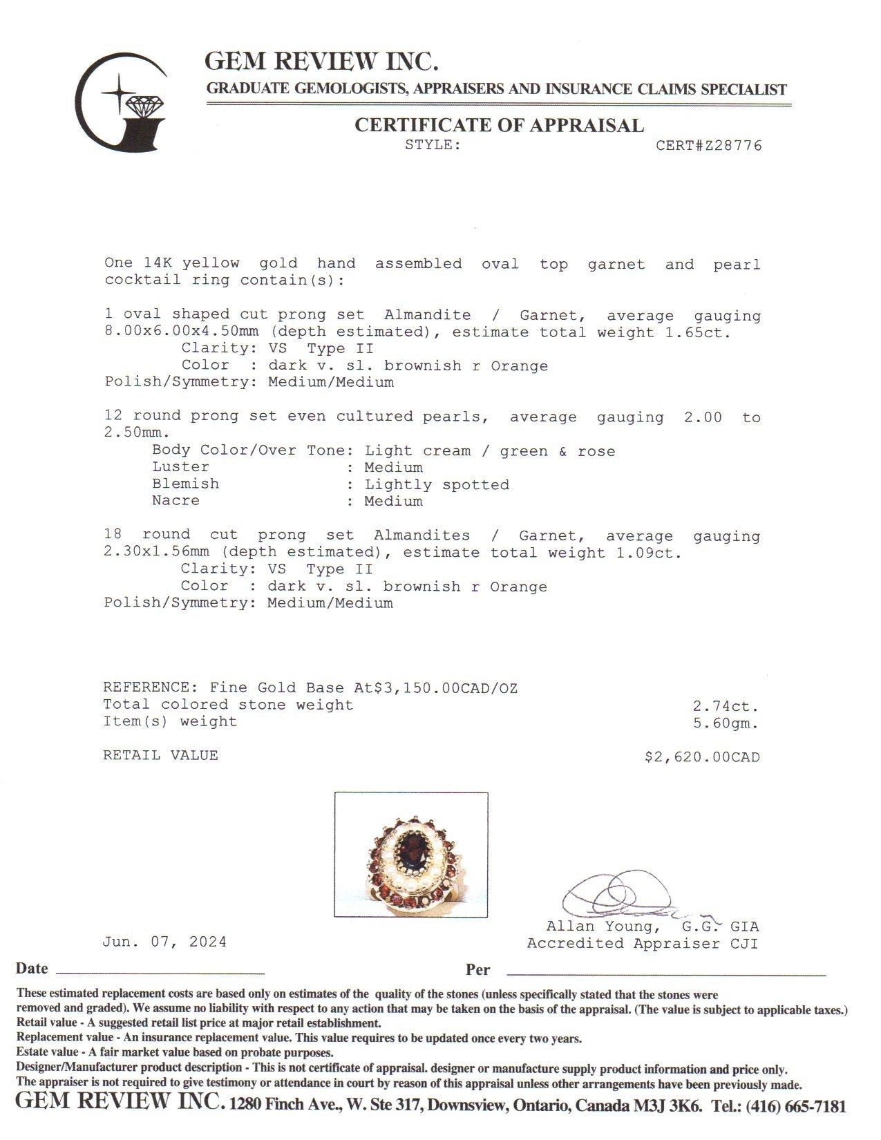 14k Yellow Gold Garnet & Pearl Ring | 2.74ctw, 2.00-2.50mm | SZ 4.5