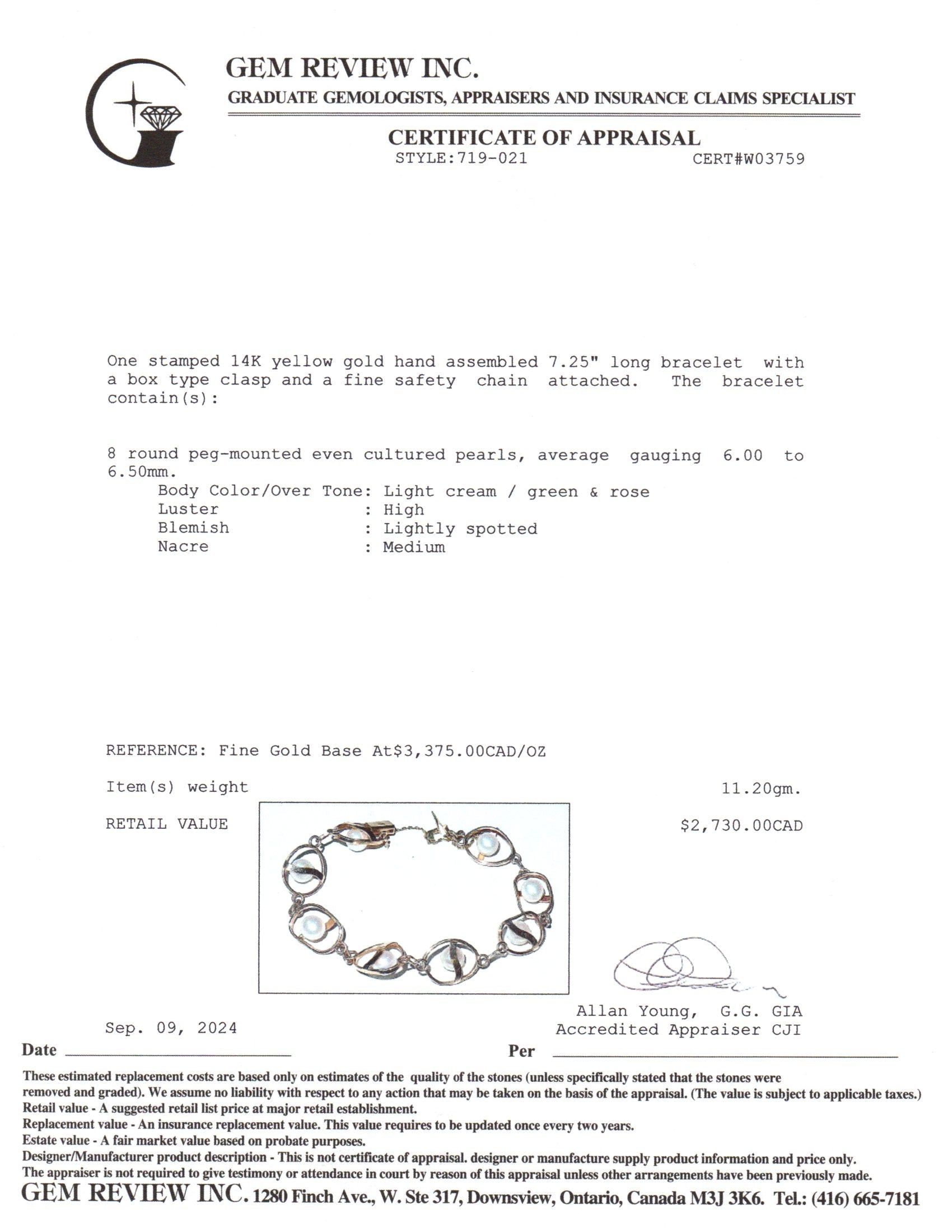 14k Yellow Gold Pearl Bracelet | 4.73ctw | 7.25"