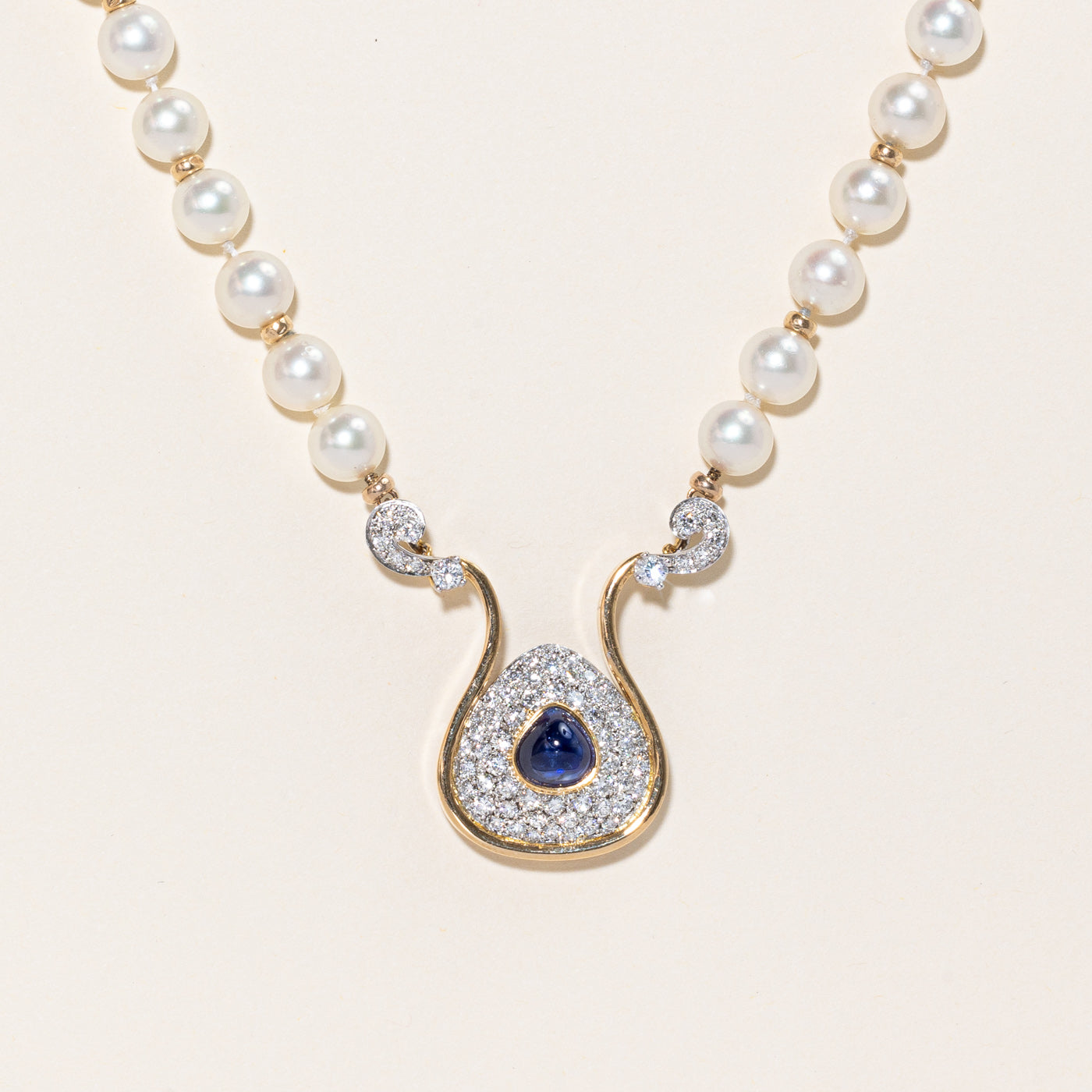 Yellow Gold Pearl Sapphire & Diamond Necklace | 3.12ct, 1.68ctw | 19.5" |