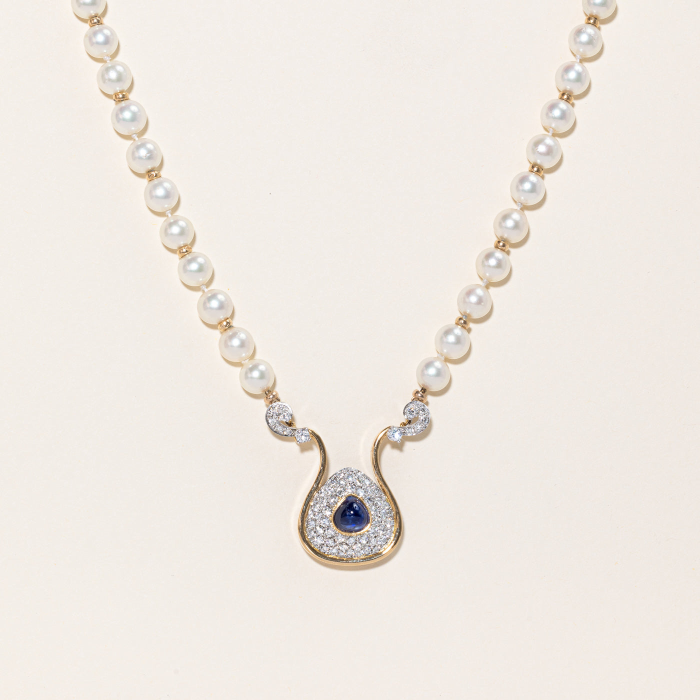 Yellow Gold Pearl Sapphire & Diamond Necklace | 3.12ct, 1.68ctw | 19.5" |