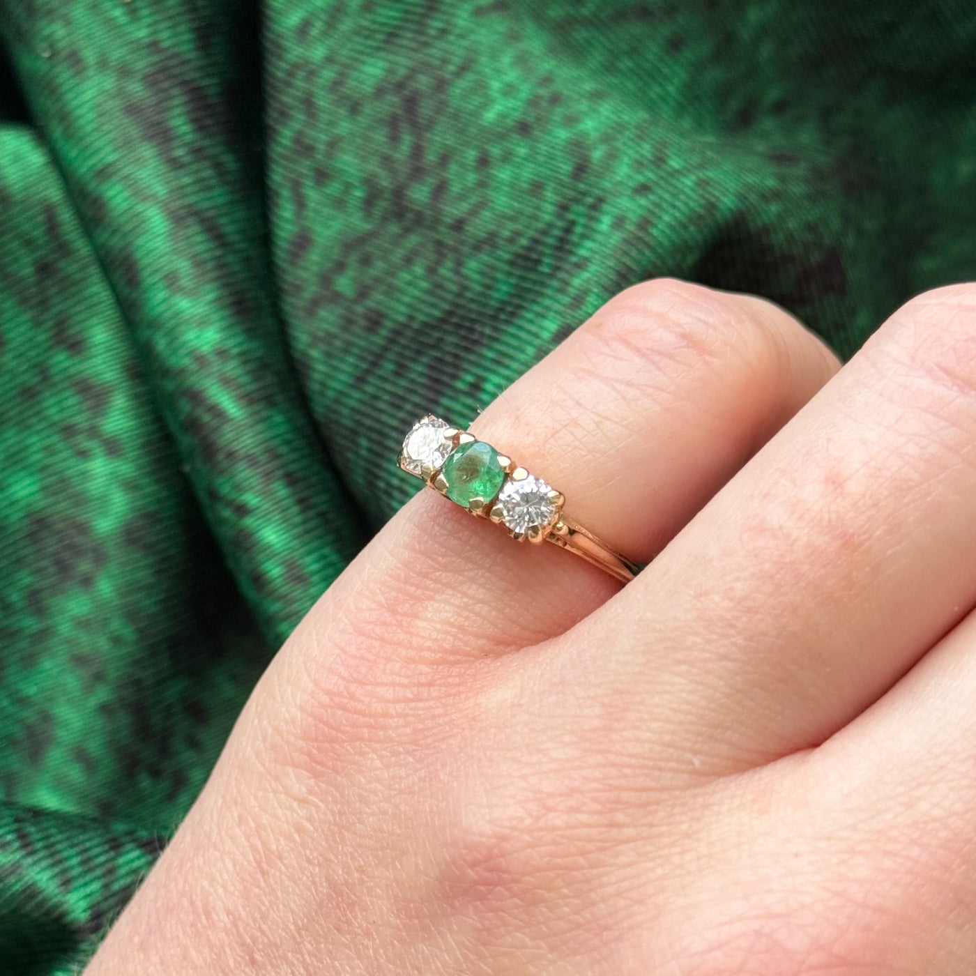 Diamond & Emerald Three Stone Ring | 0.44ctw, 0.31ct | SZ 3.5 |