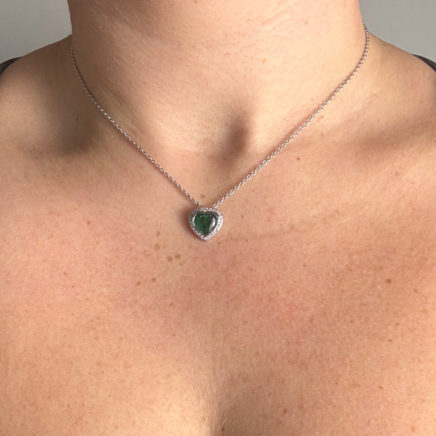 Emerald & Diamond Halo Heart Pendant & Necklace | 1.68ct, 0.36ctw | 16" |