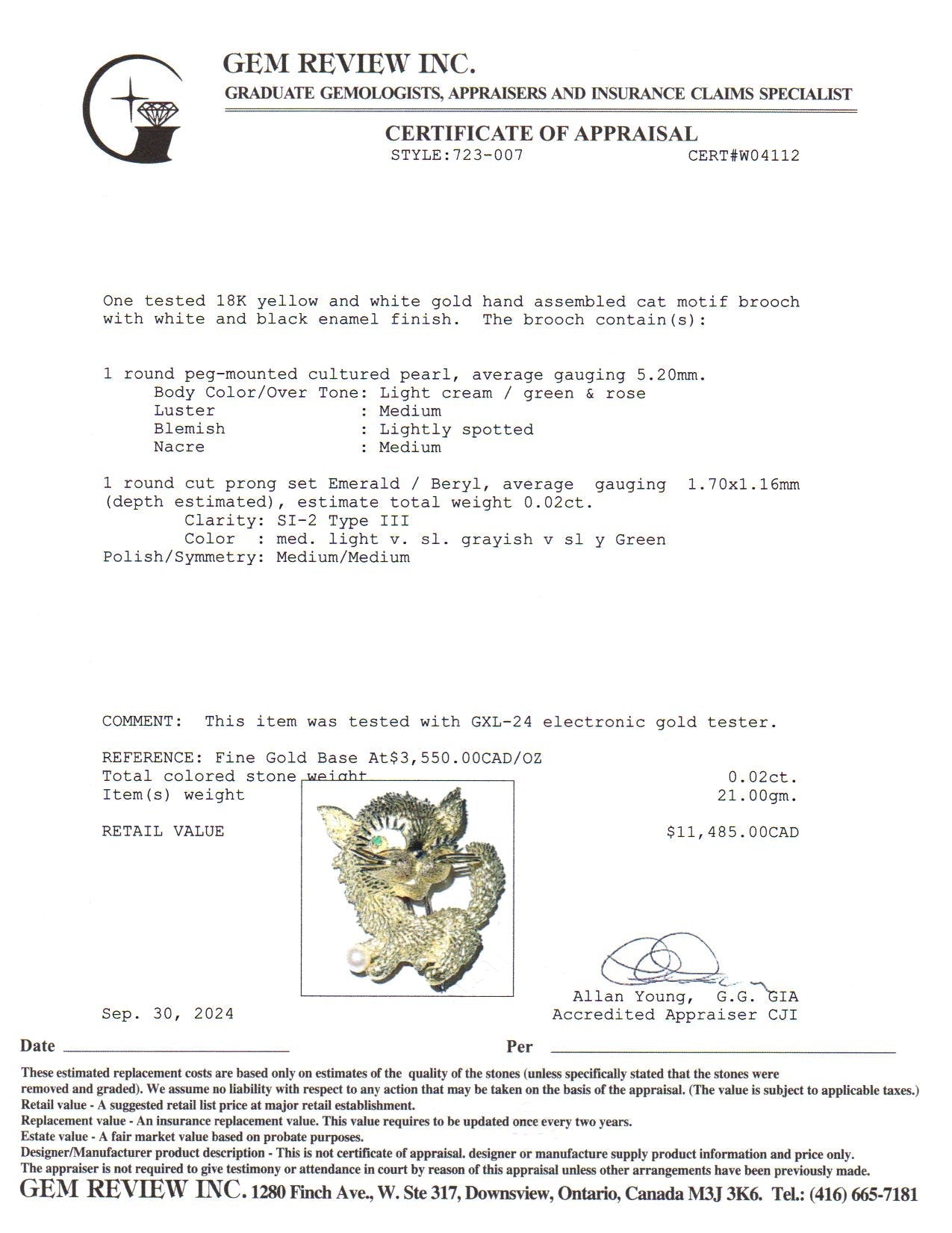 Pearl & Emerald Cat Brooch | 5.20mm, 0.02ct |