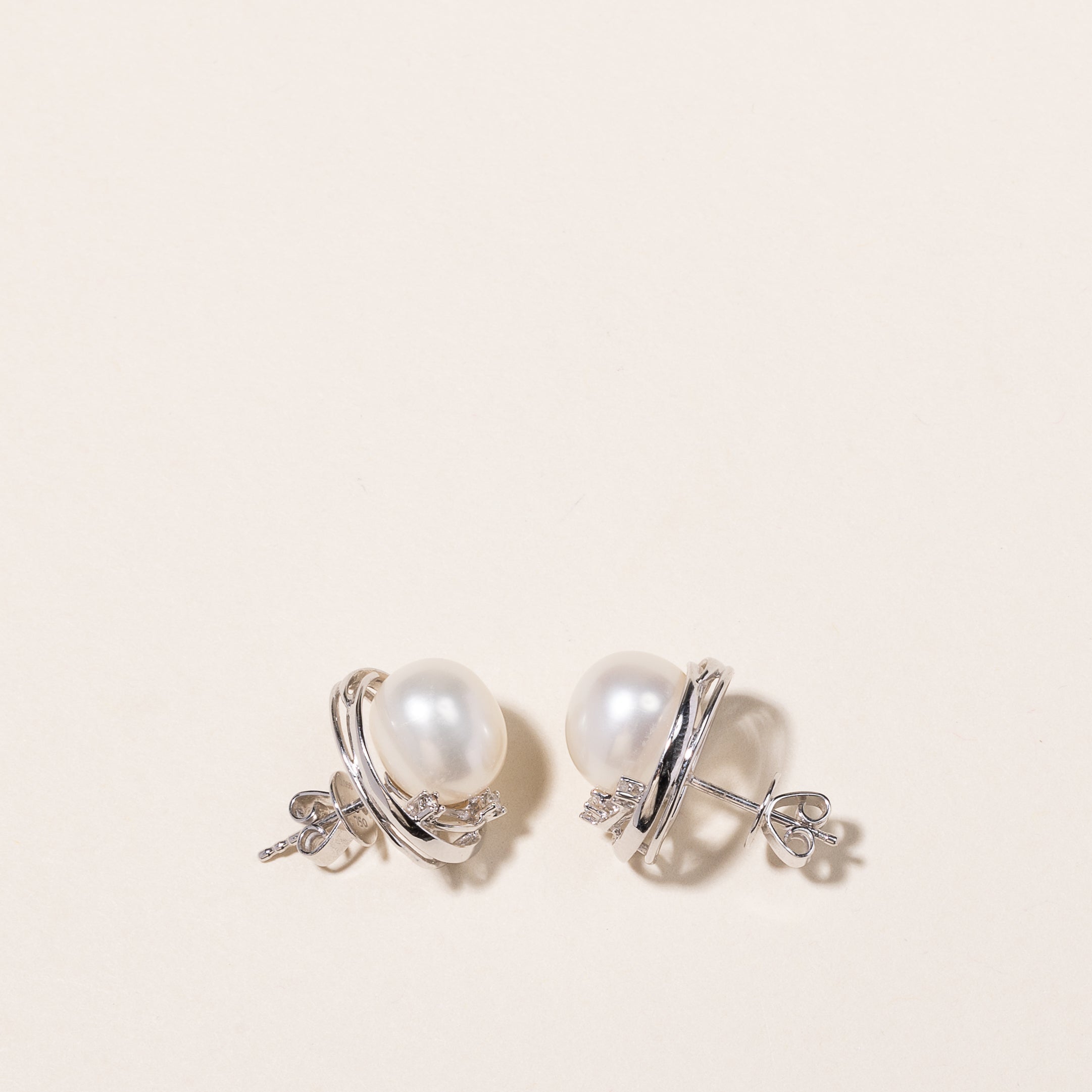 Mikimoto' 18k White Gold Pearl & Diamond Earrings | 10.70-9.50mm, 0.06ctw