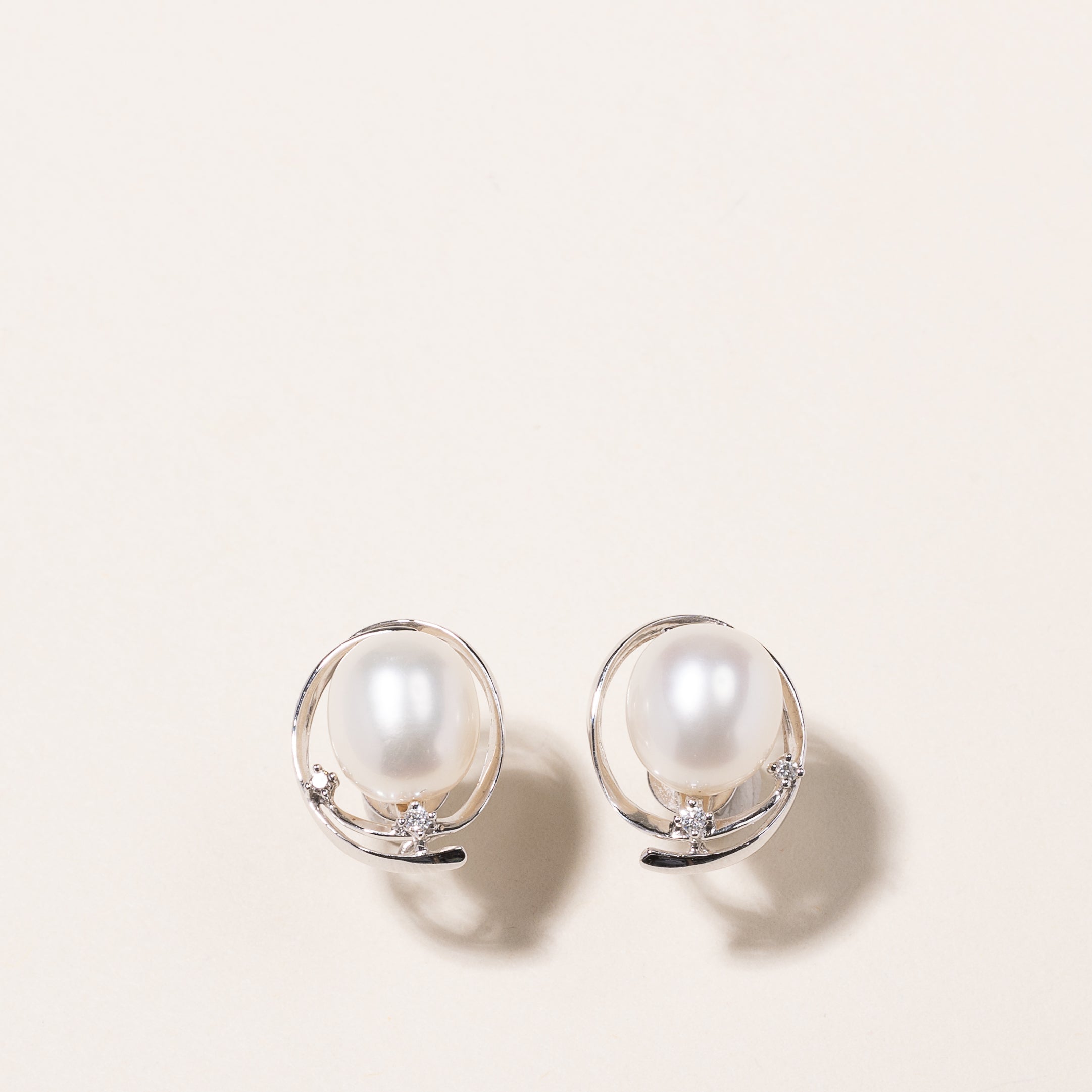 Mikimoto' 18k White Gold Pearl & Diamond Earrings | 10.70-9.50mm, 0.06ctw