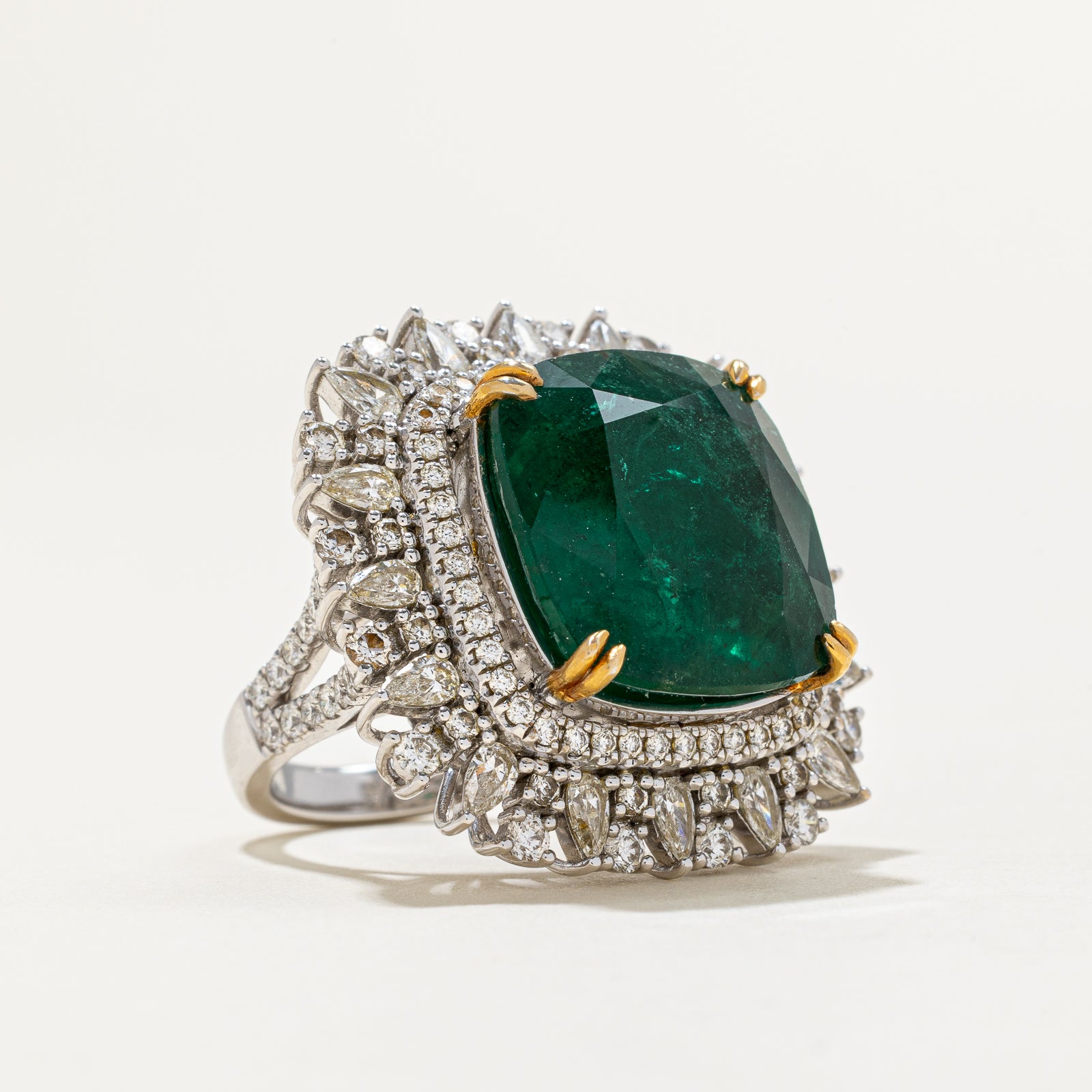 17ct+ Natural Emerald & 1.87ctw Diamond Cocktail Ring | 17.37ct, 1.87ctw | SZ 7.25