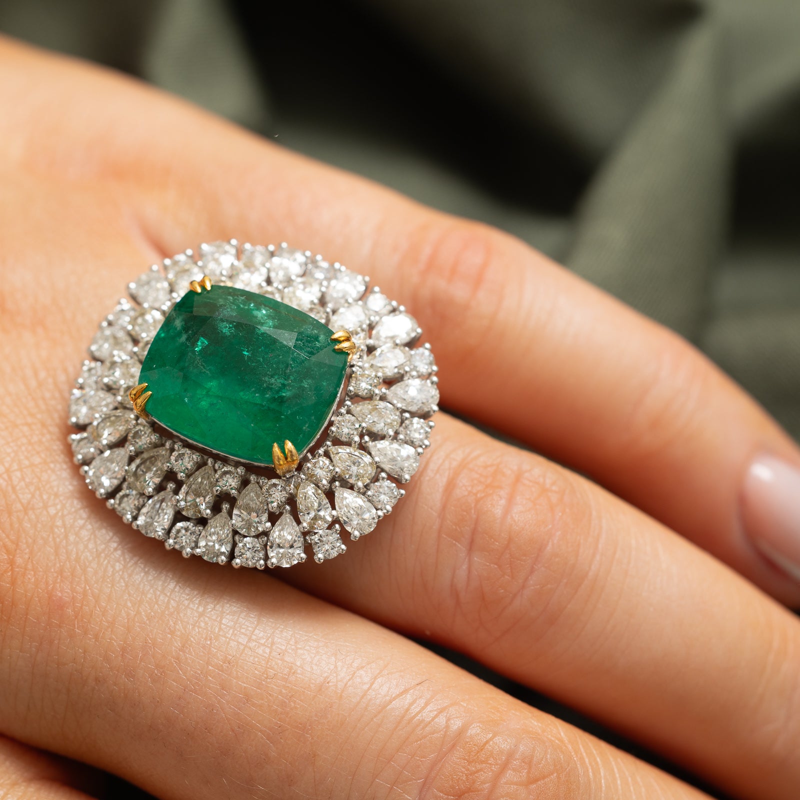 9.5ct+ Emerald & Diamond Cocktail Ring | 9.52ct, 3.96ctw | SZ 7.25