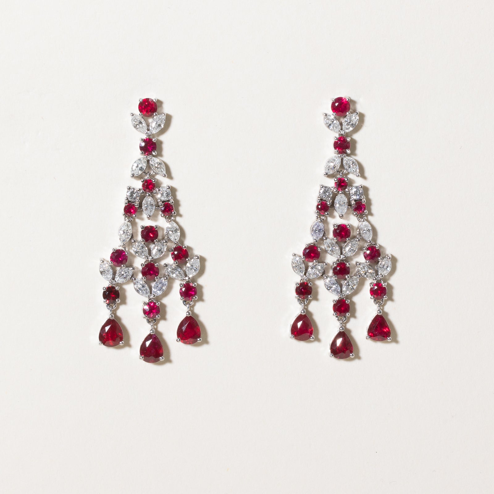Vivid Red Ruby & Diamond Chandelier Earrings | 4.44ctw, 0.50ctw