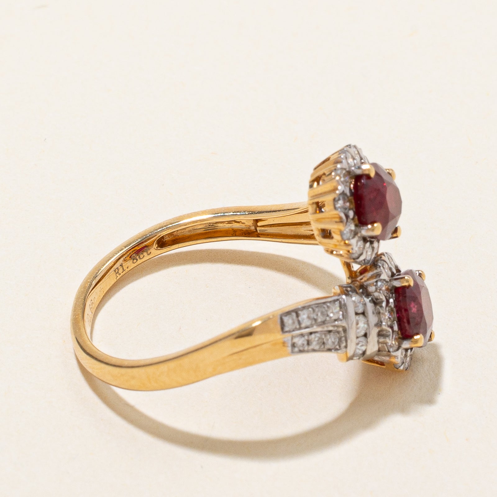 18k Toi et Moi Vivid Red Ruby & Diamond Bypass Ring | 1.80ctw, 0.66ctw | SZ 6.5