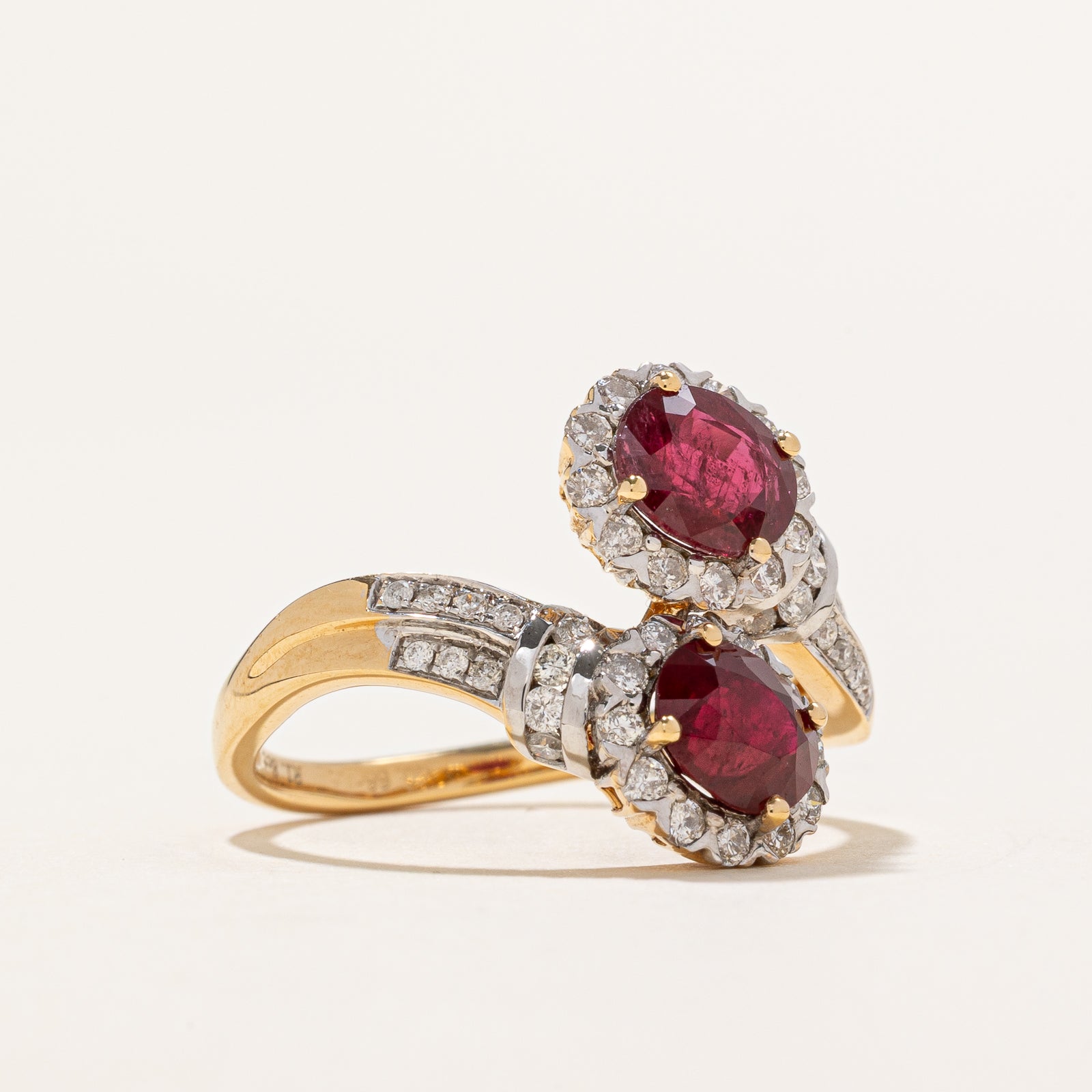 18k Toi et Moi Vivid Red Ruby & Diamond Bypass Ring | 1.80ctw, 0.66ctw | SZ 6.5