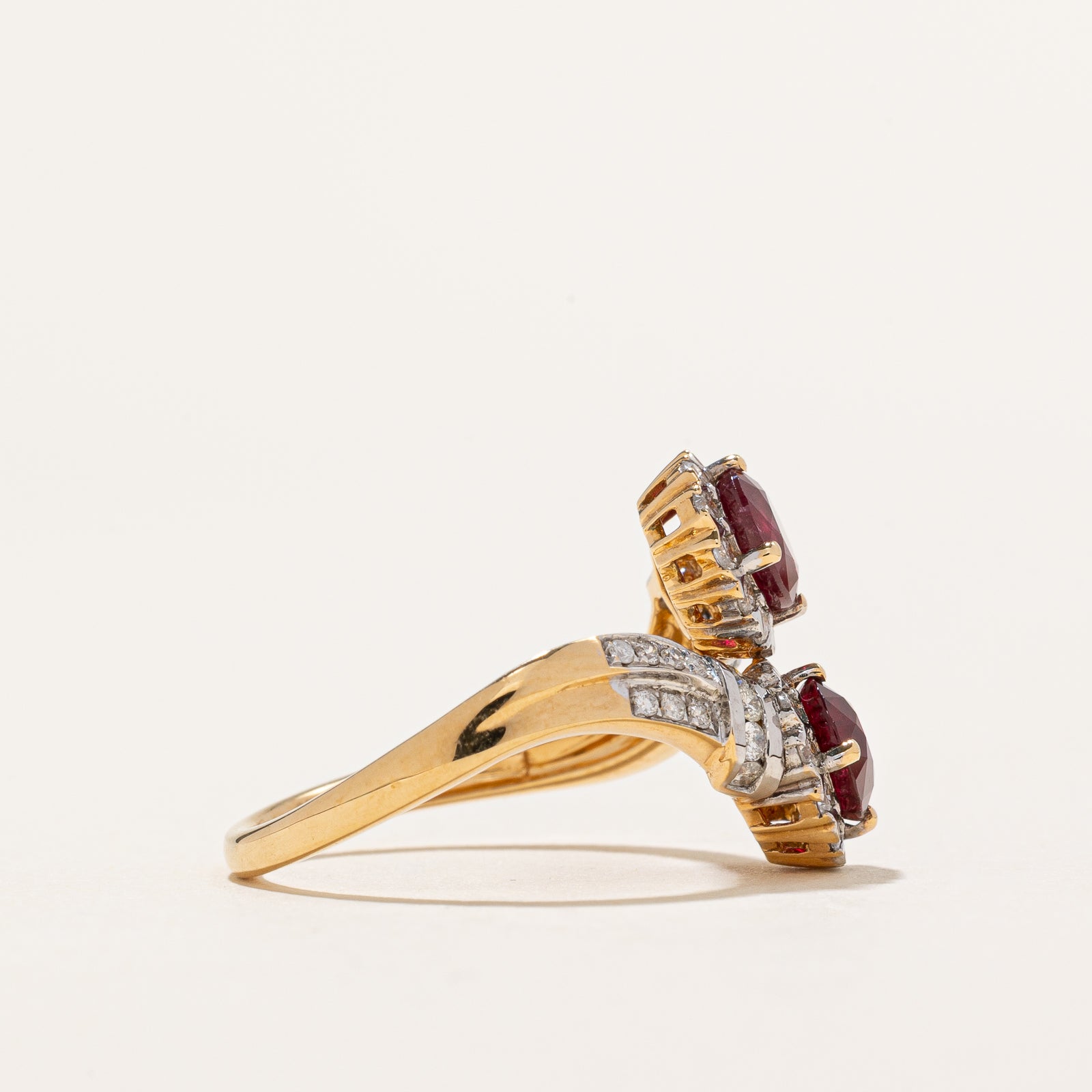 18k Toi et Moi Vivid Red Ruby & Diamond Bypass Ring | 1.80ctw, 0.66ctw | SZ 6.5
