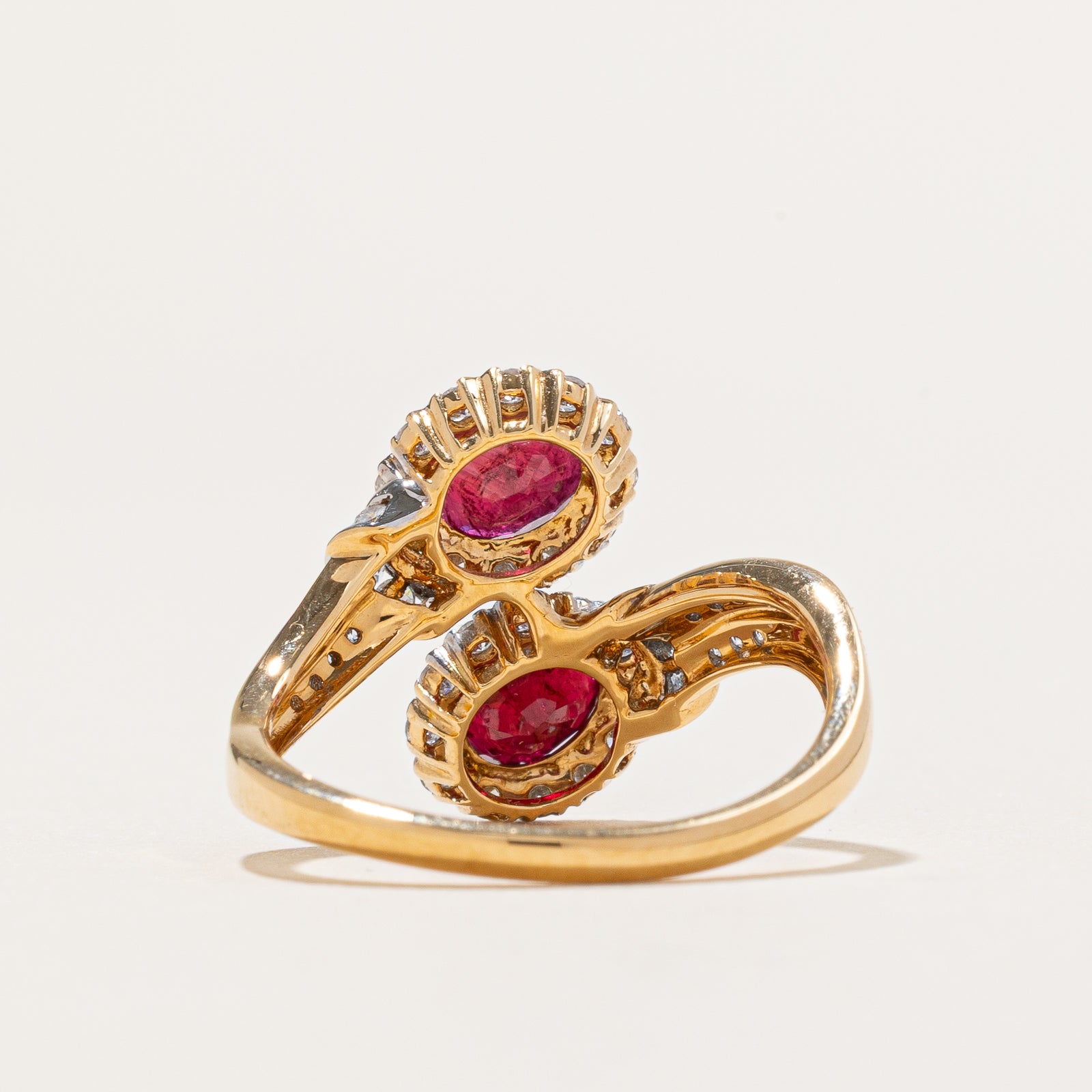 18k Toi et Moi Vivid Red Ruby & Diamond Bypass Ring | 1.80ctw, 0.66ctw | SZ 6.5