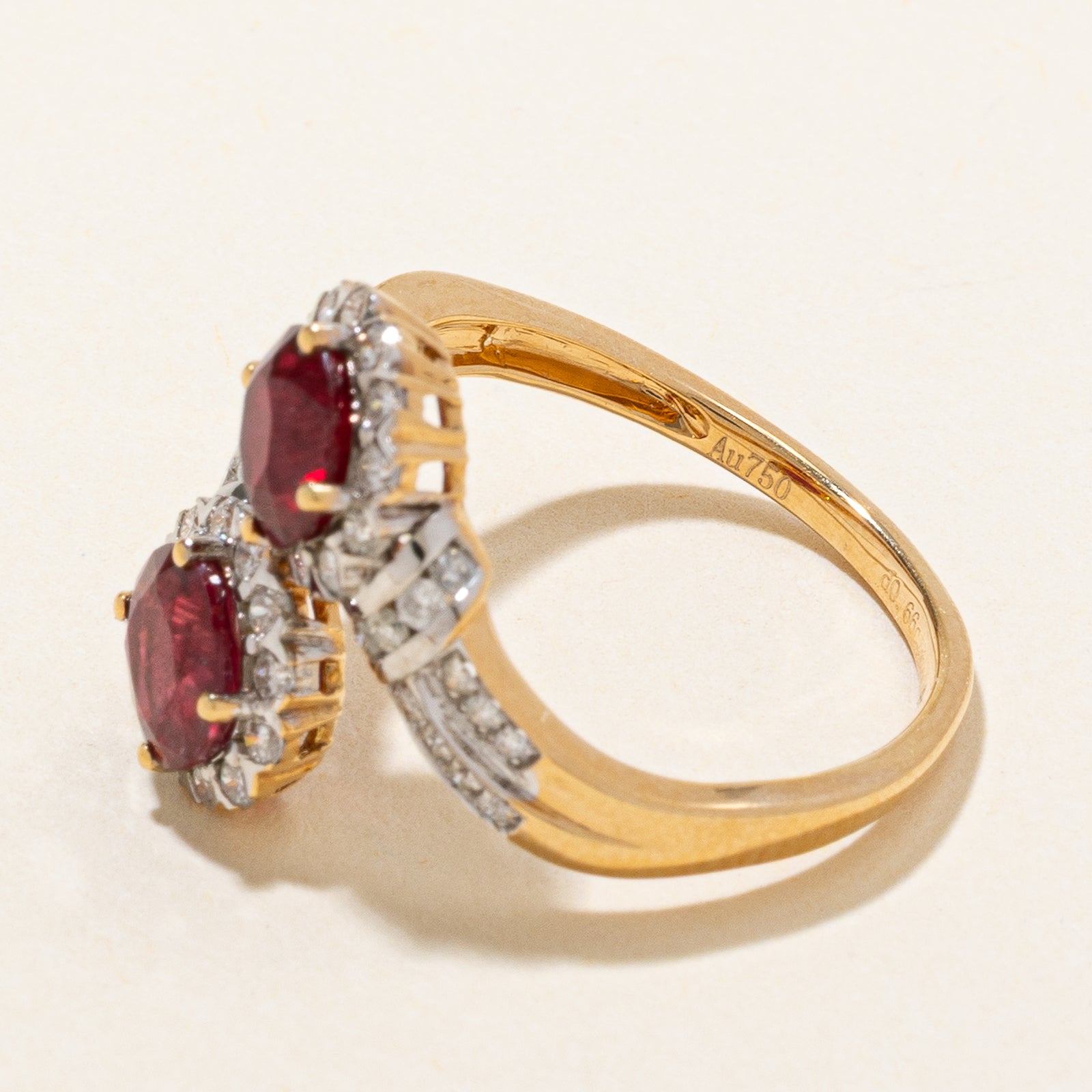 18k Toi et Moi Vivid Red Ruby & Diamond Bypass Ring | 1.80ctw, 0.66ctw | SZ 6.5