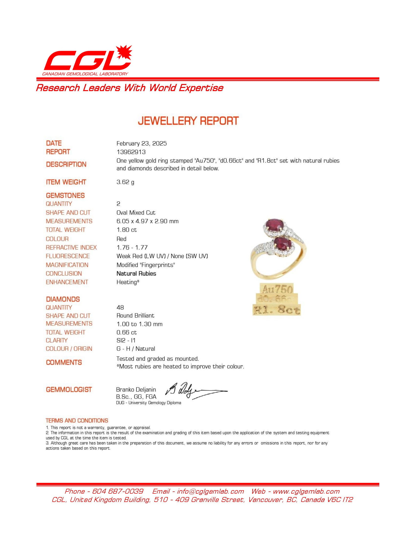 18k Toi et Moi Vivid Red Ruby & Diamond Bypass Ring | 1.80ctw, 0.66ctw | SZ 6.5