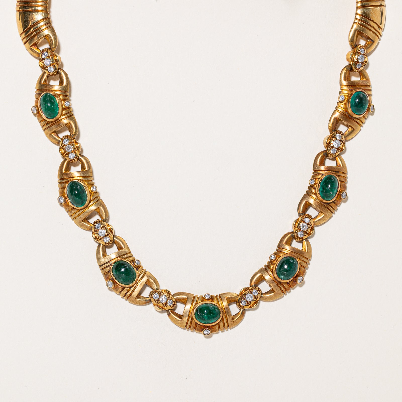 18k Vintage Retro Emerald & Diamond Heavy Solid Necklace | 13.78ctw, 1.76ctw | 16"