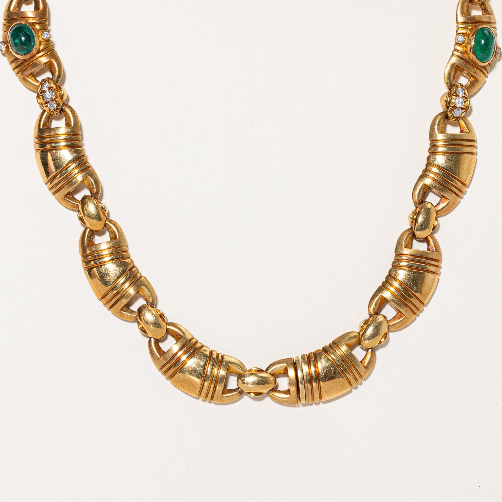 18k Vintage Retro Emerald & Diamond Heavy Solid Necklace | 13.78ctw, 1.76ctw | 16"