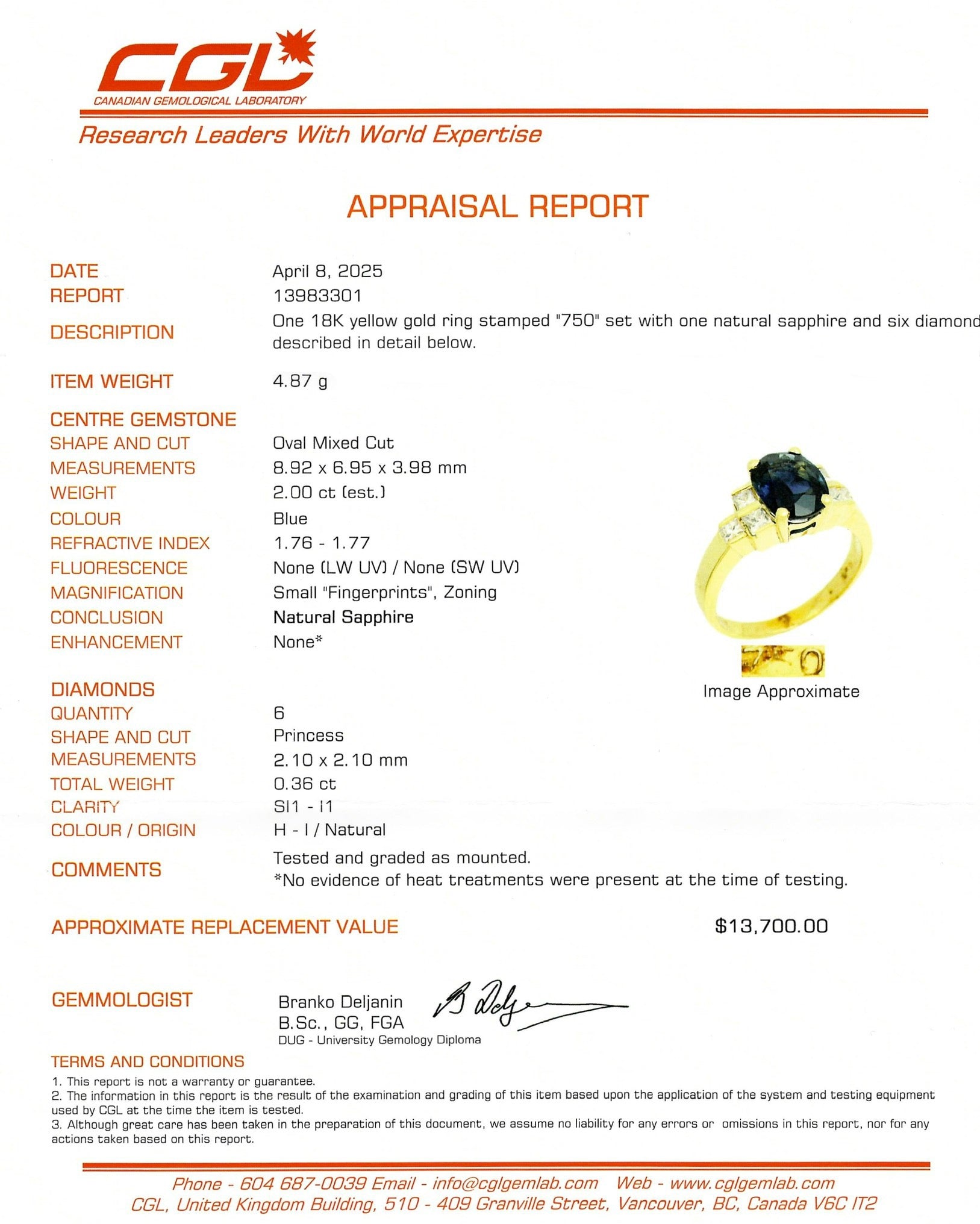 2.00ct Unheated Sapphire & Diamond Ring | 2.00ct, 0.36ctw | SZ 6