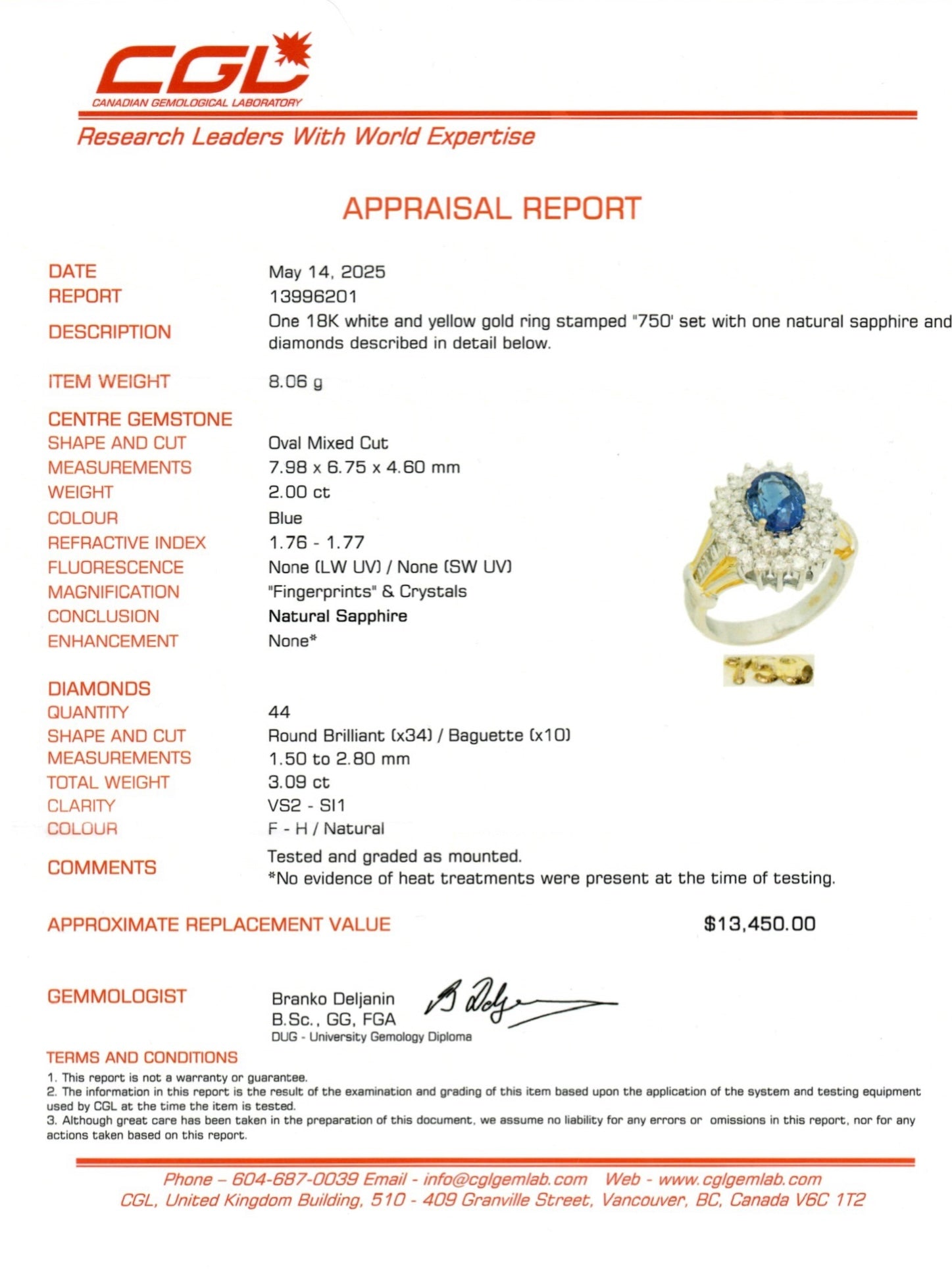 2.00ct Unheated Sapphire & Diamond Ring | 2.00ct | 3.09ctw | SZ 7