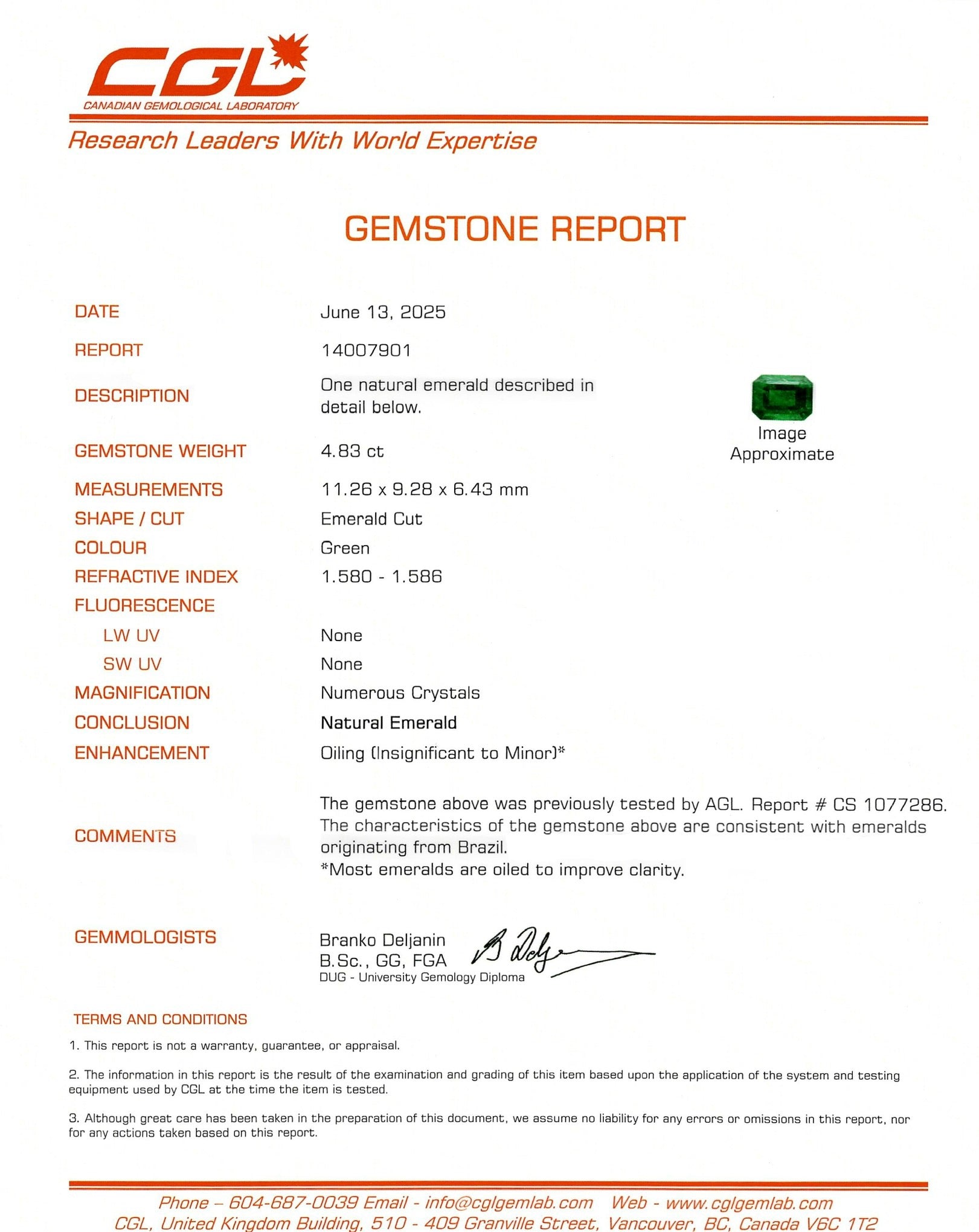 4.83ct AGL Brazilian Emerald & Diamond Ring | AGL 4.83ct | 1.00ctw | SZ 7